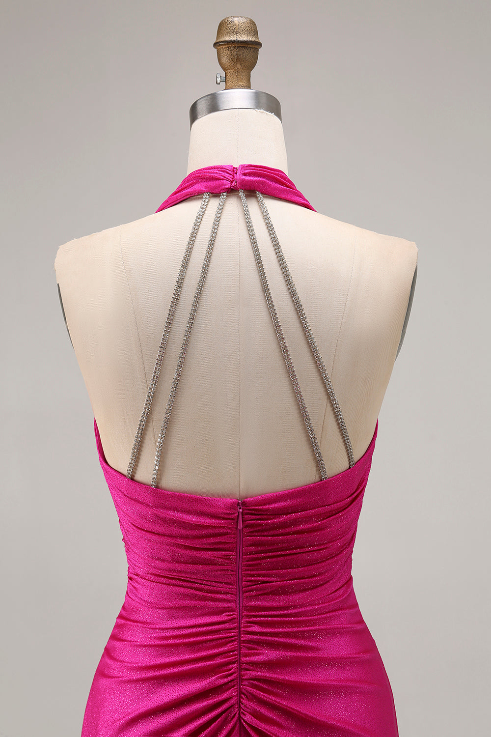 Glitter Fuchsia Halter Ruched Long Mermaid Prom Dress with Slit