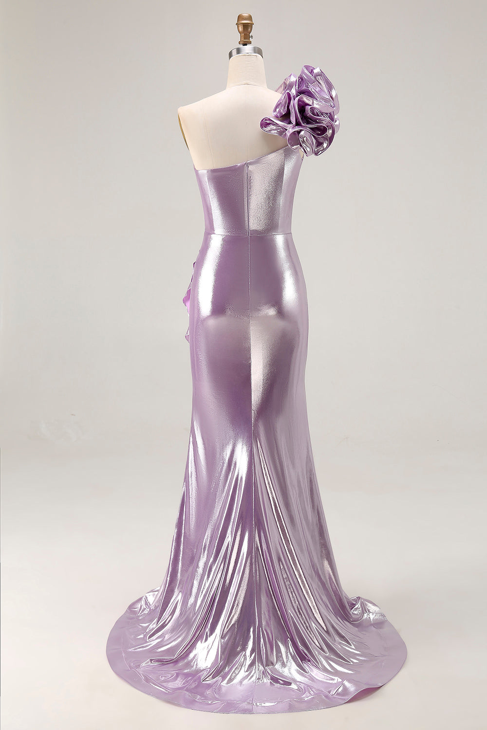 Metallic Light Purple Mermaid One Shoulder Ruffled Long Prom Dress with Slit