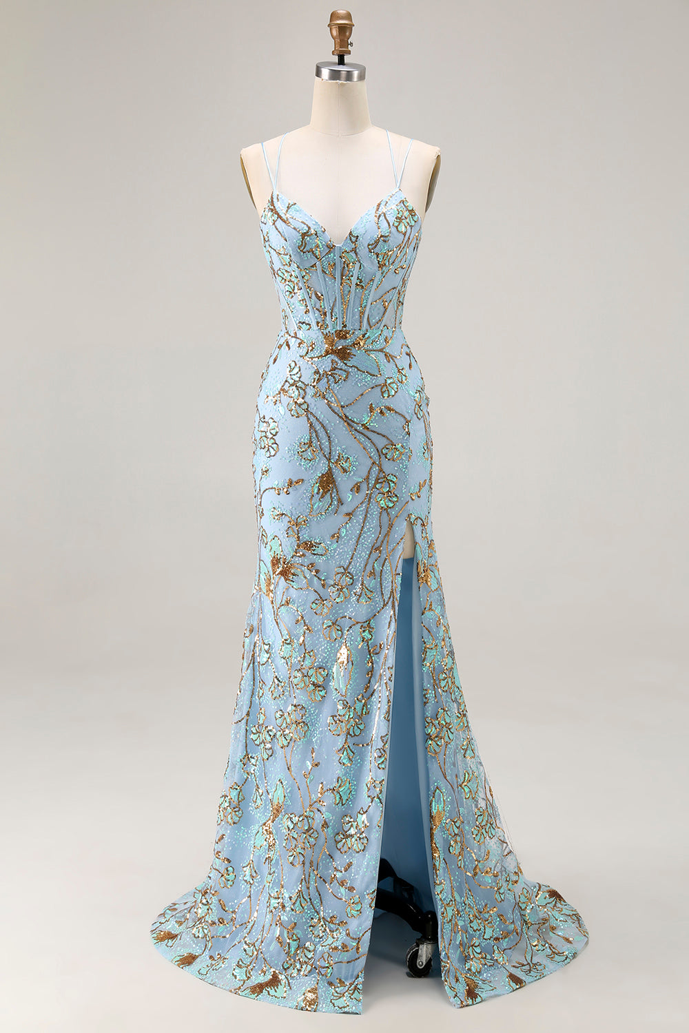 Sparkly Lake Blue Corset Mermaid Long Sequins Prom Dress with Slit