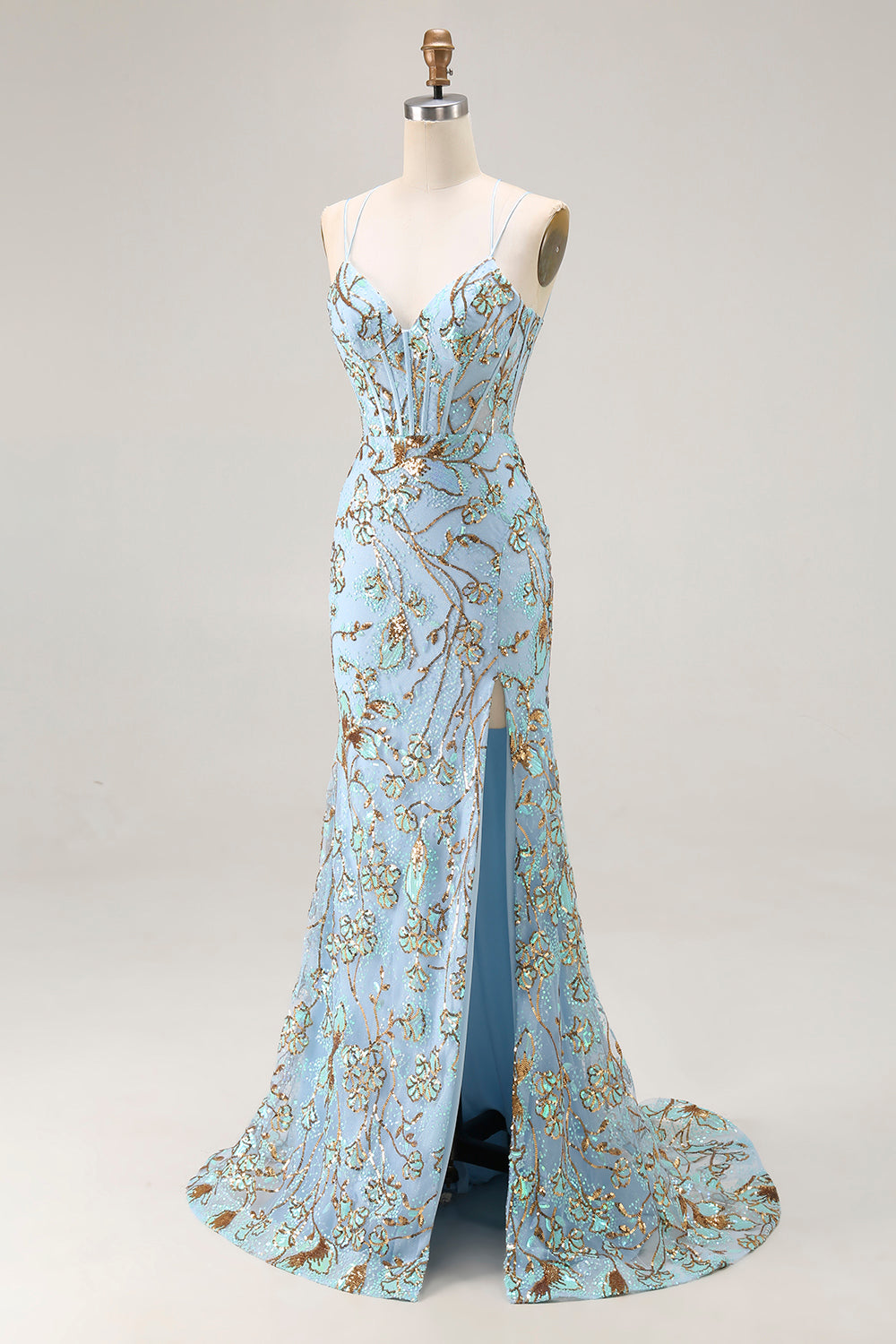 Sparkly Lake Blue Corset Mermaid Long Sequins Prom Dress with Slit