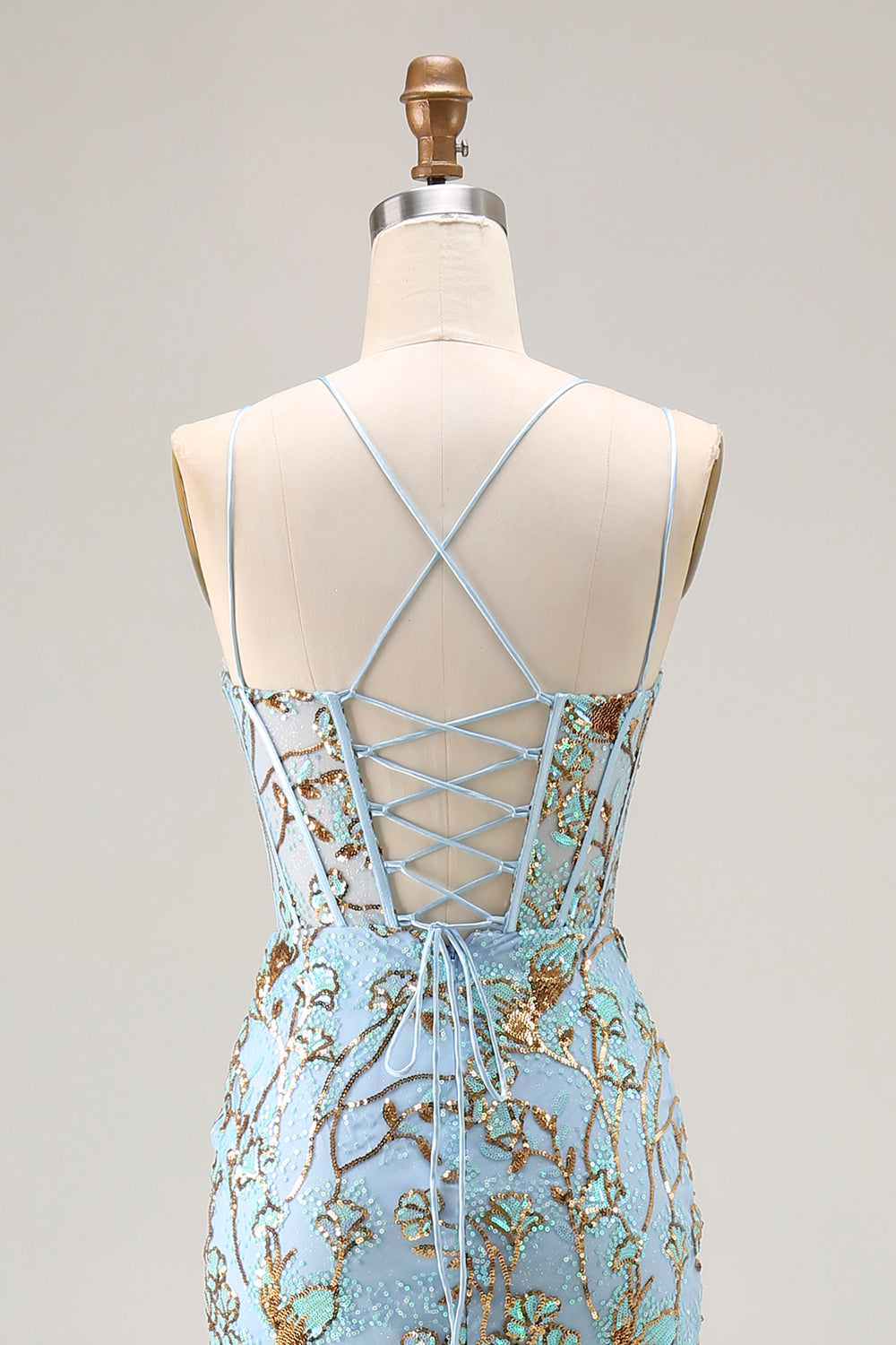 Sparkly Lake Blue Corset Mermaid Long Sequins Prom Dress with Slit