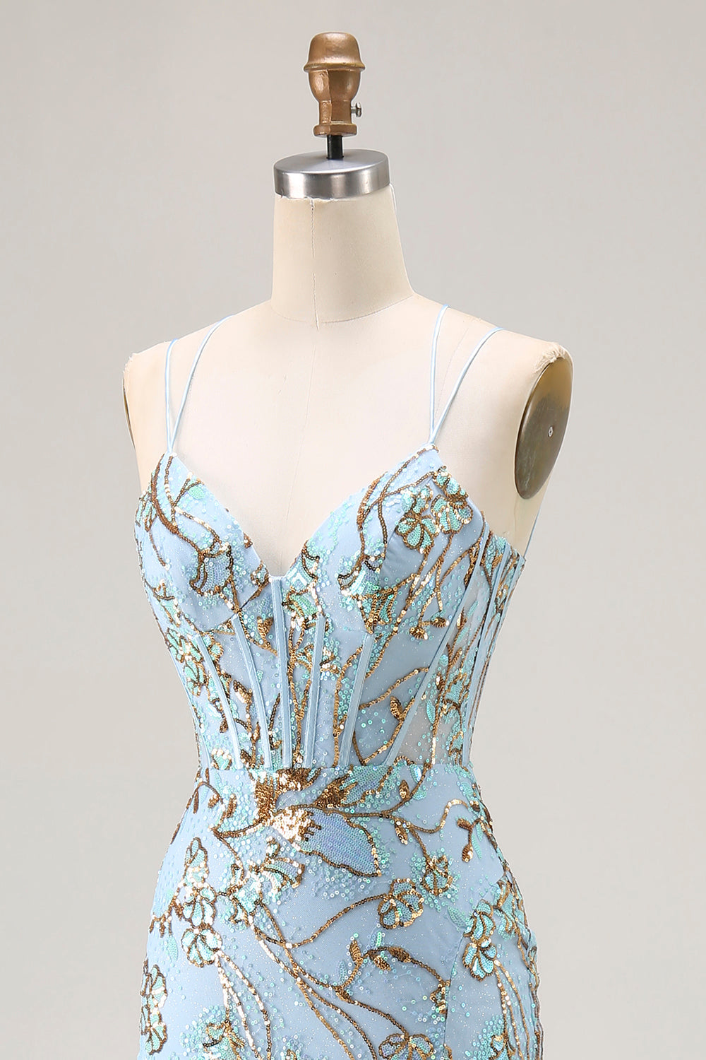 Sparkly Lake Blue Corset Mermaid Long Sequins Prom Dress with Slit