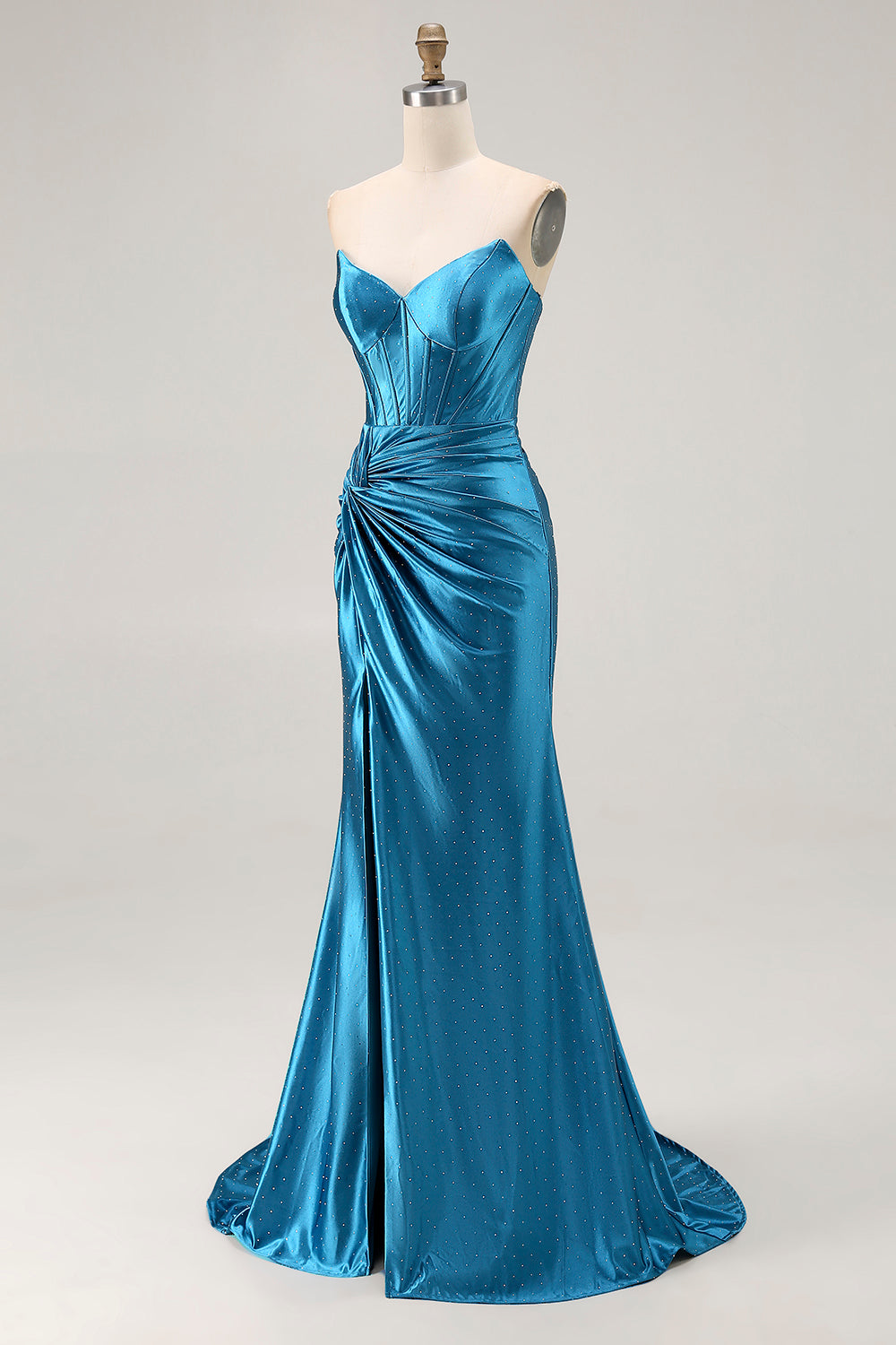 Royal Blue Corset Mermaid Strapless Ruched Long Satin Prom Dress with Slit