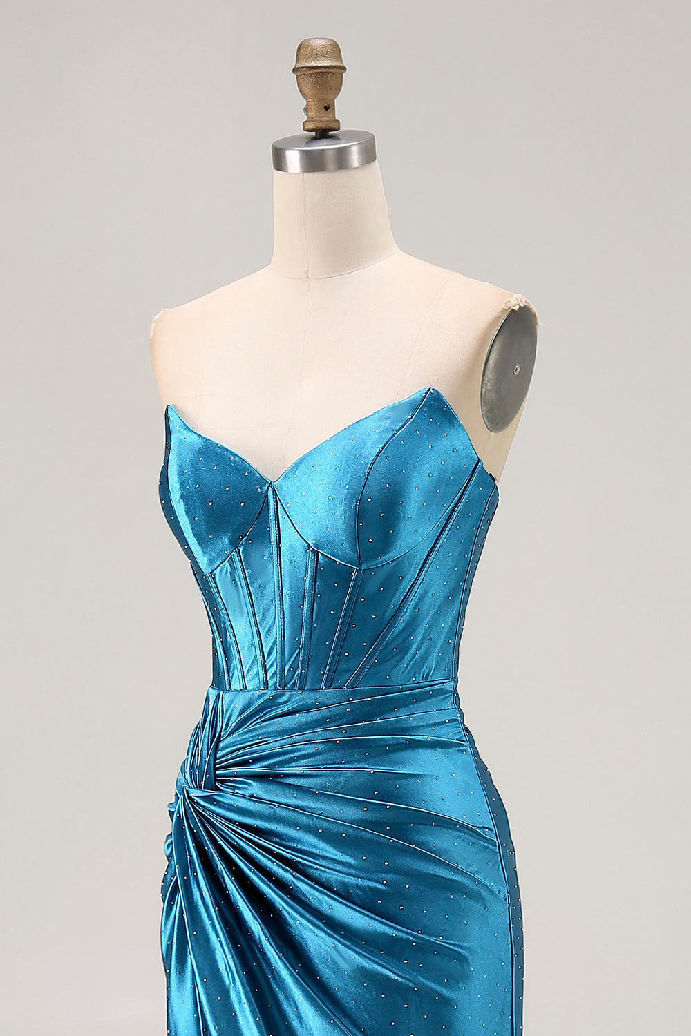 Royal Blue Corset Mermaid Strapless Ruched Long Satin Prom Dress with Slit