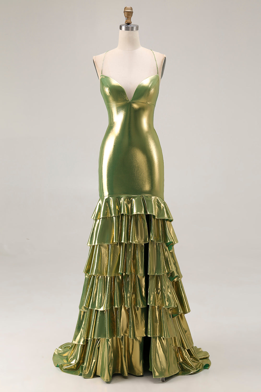 Metallic Gold Mermaid Tiered Long Prom Dress with Slit