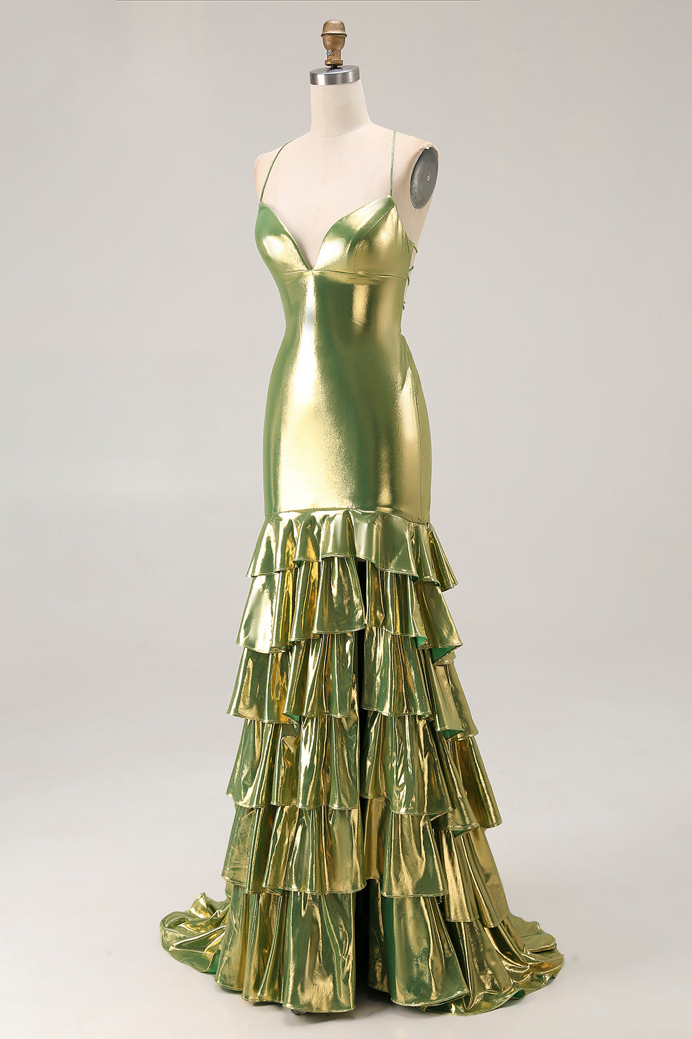 Metallic Gold Mermaid Tiered Long Prom Dress with Slit
