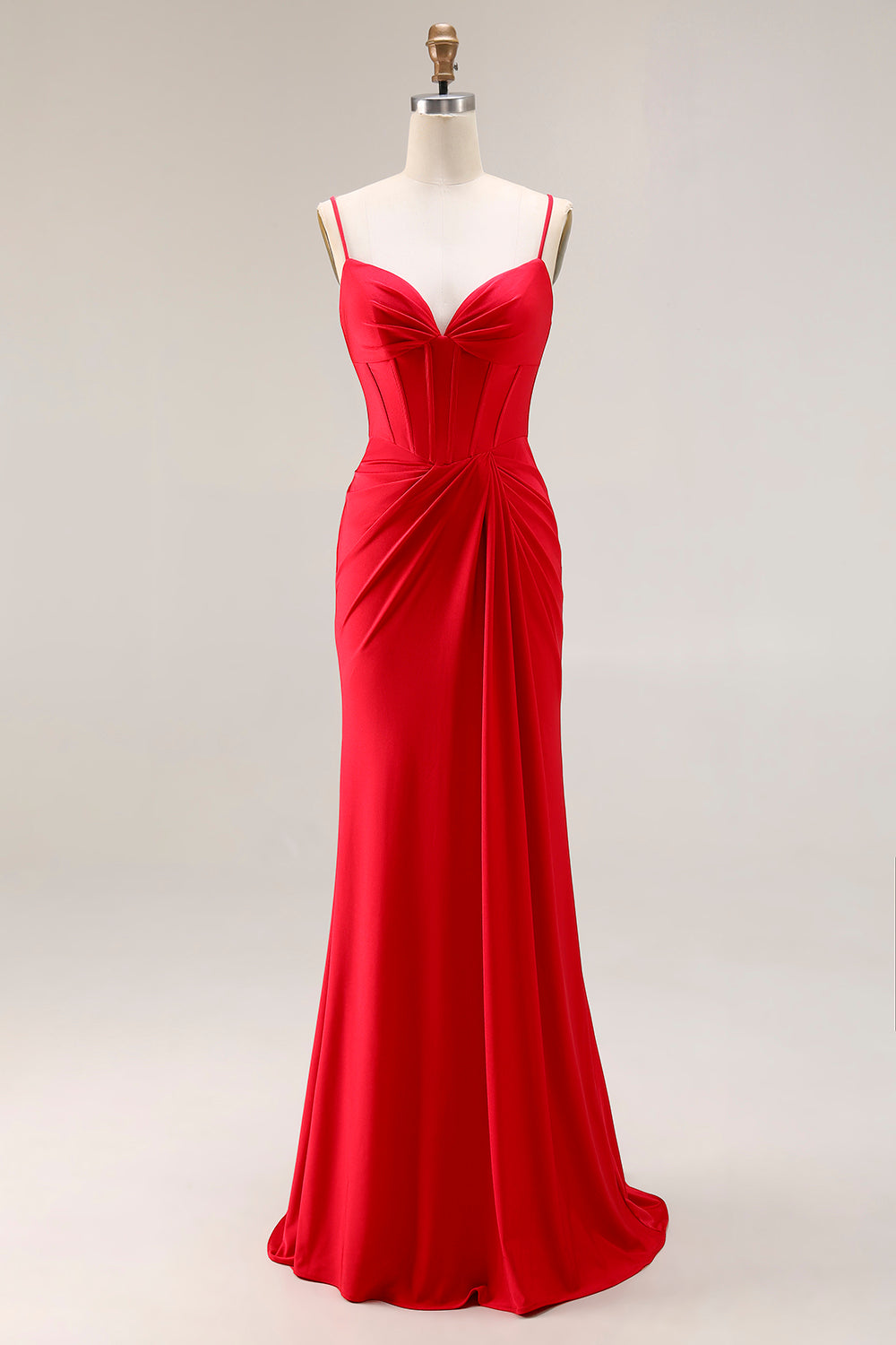 Elegant Red Corset Satin Ruched Long Mermaid Prom Dress