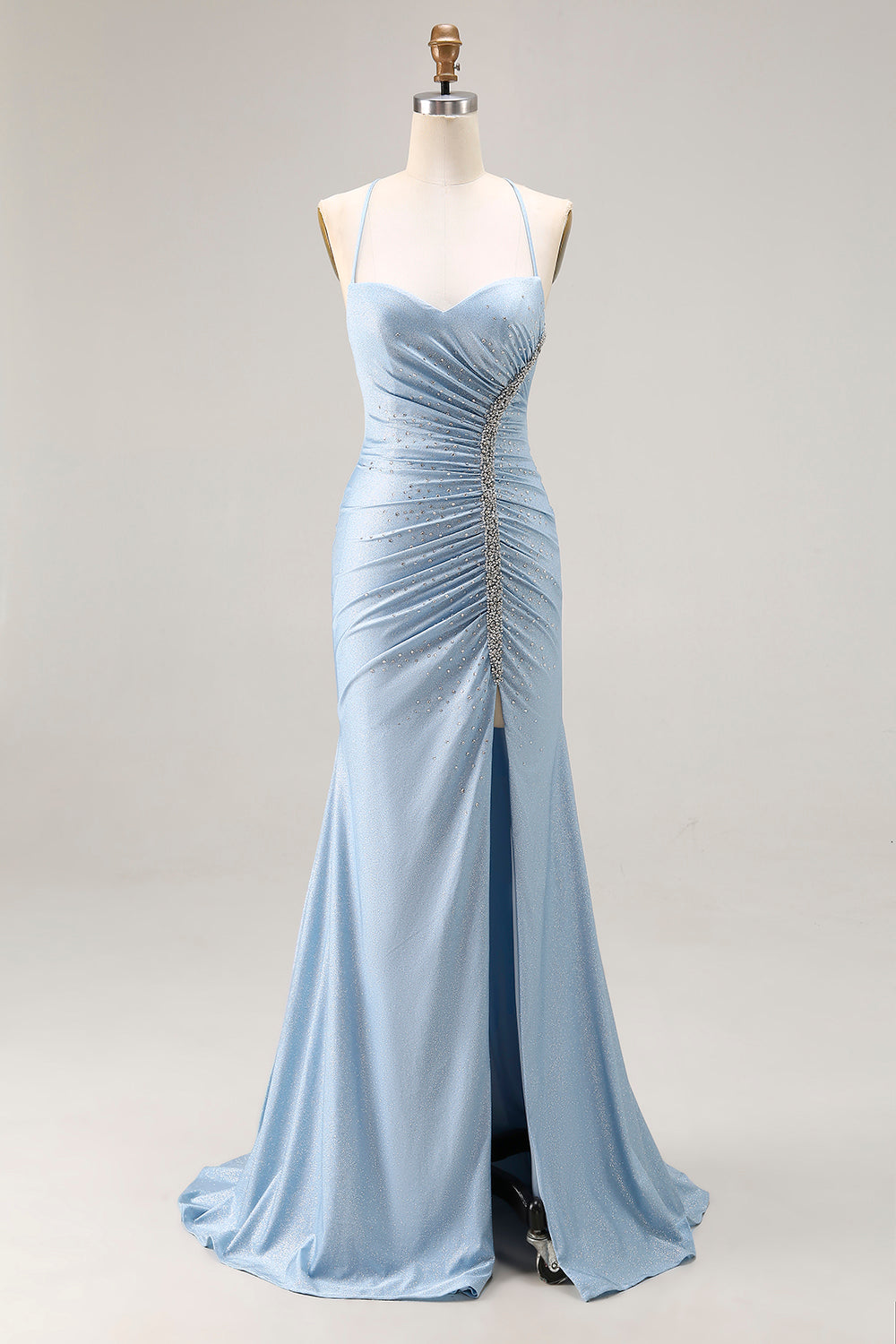 Sparkly Light Blue Mermaid Satin Long Beaded Prom Dress with Slit
