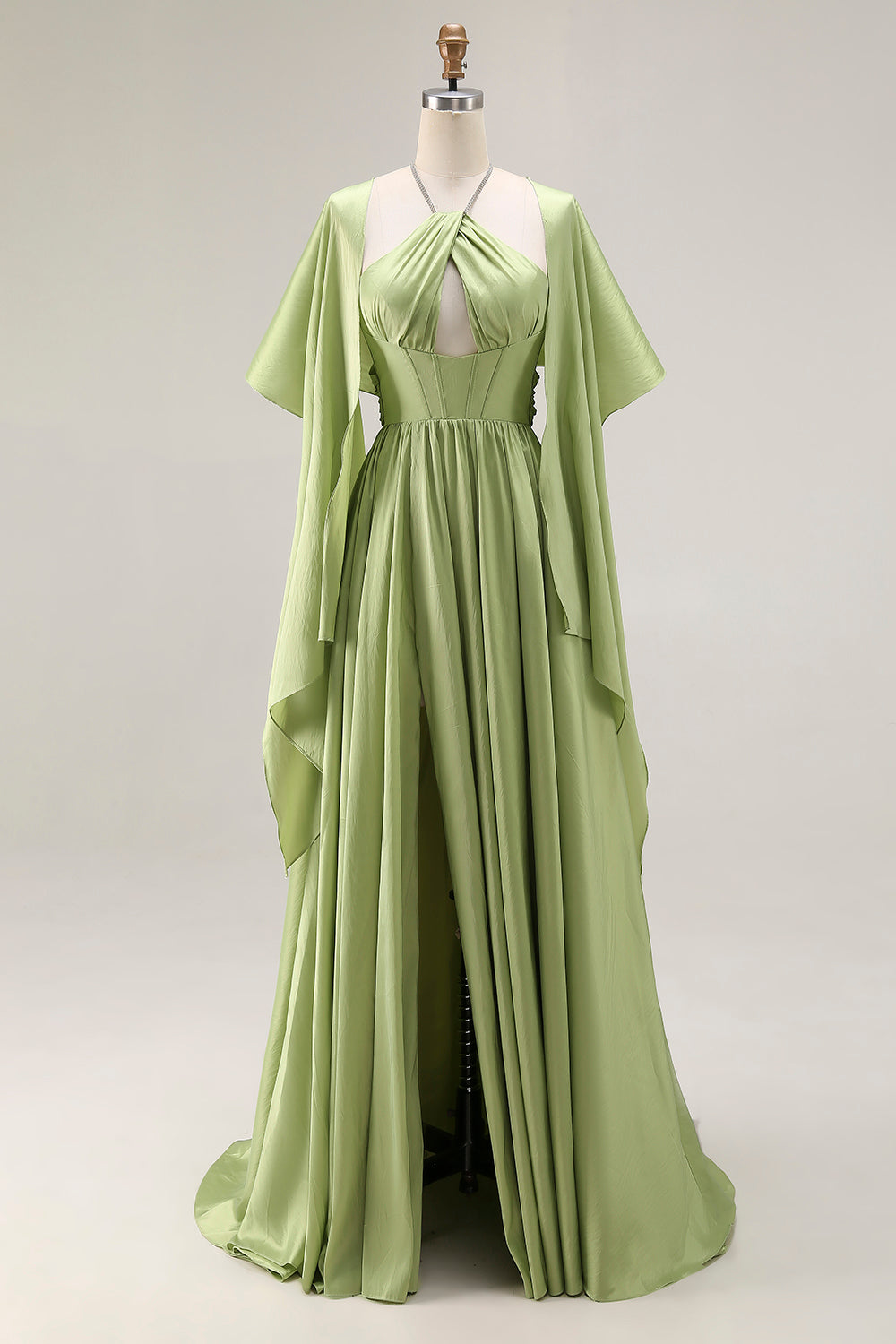 Flowy Sage Green A-Line Keyhole Long Corset Prom Dress with Slit