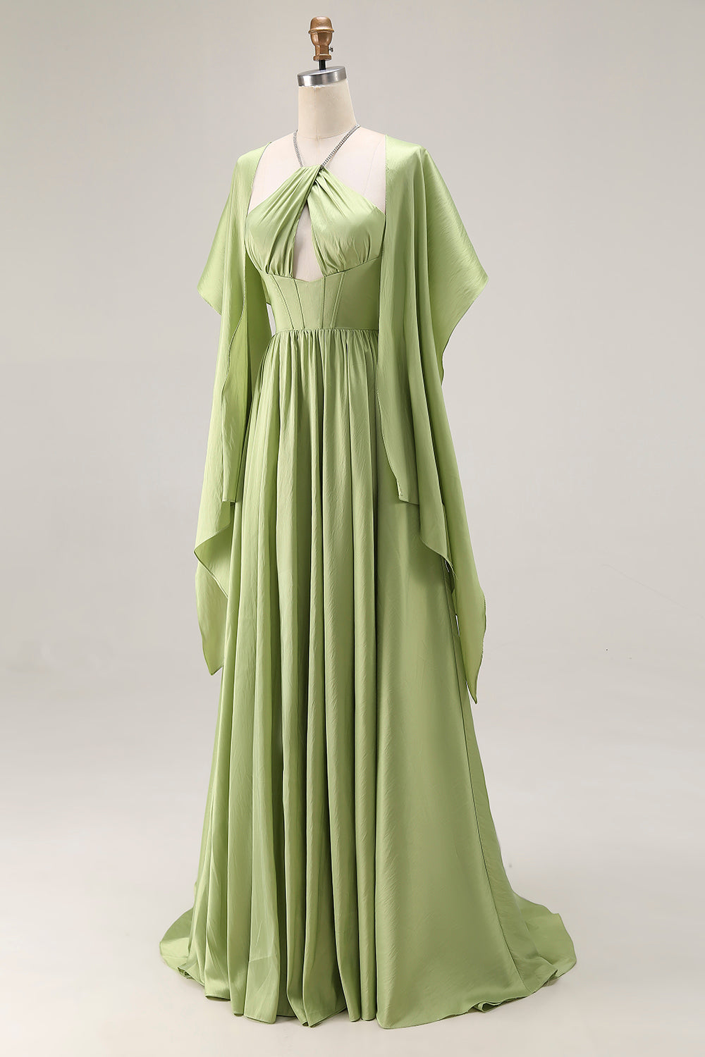 Flowy Sage Green A-Line Keyhole Long Corset Prom Dress with Slit