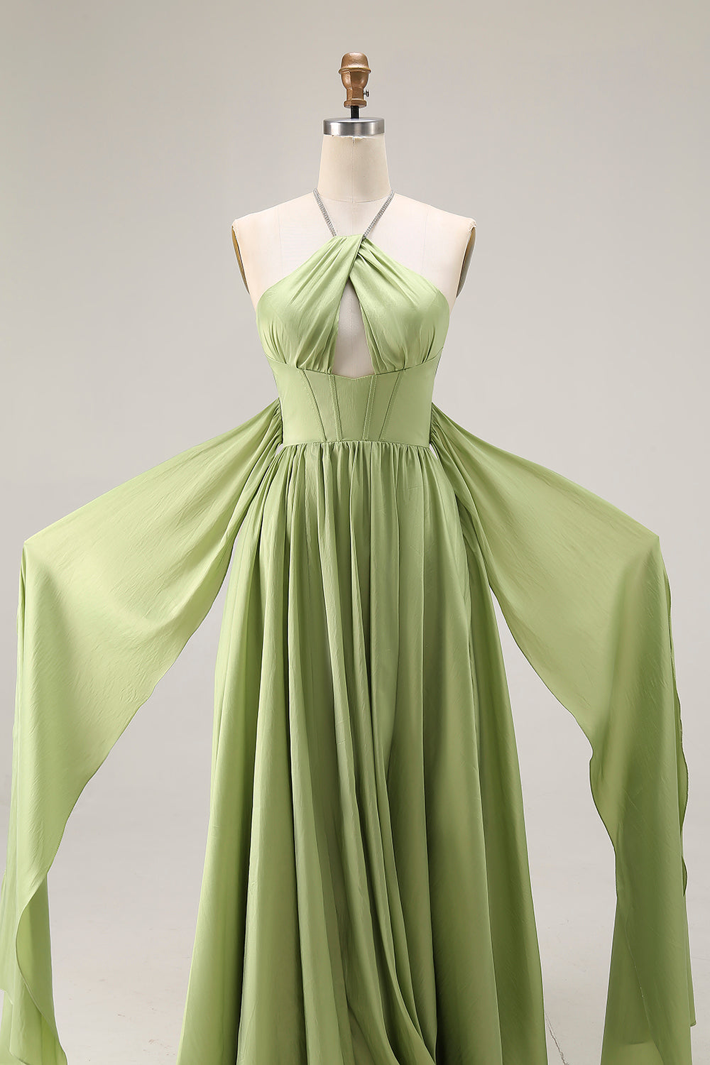 Flowy Sage Green A-Line Keyhole Long Corset Prom Dress with Slit