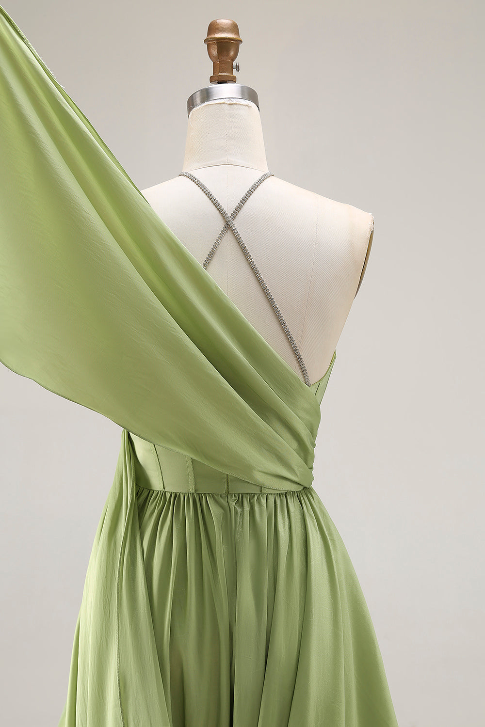 Flowy Sage Green A-Line Keyhole Long Corset Prom Dress with Slit