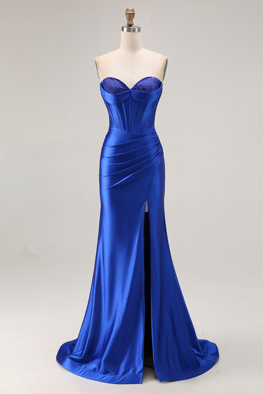 Sparkly Royal Blue Satin Sweetheart Mermaid Long Corset Prom Dress with Slit