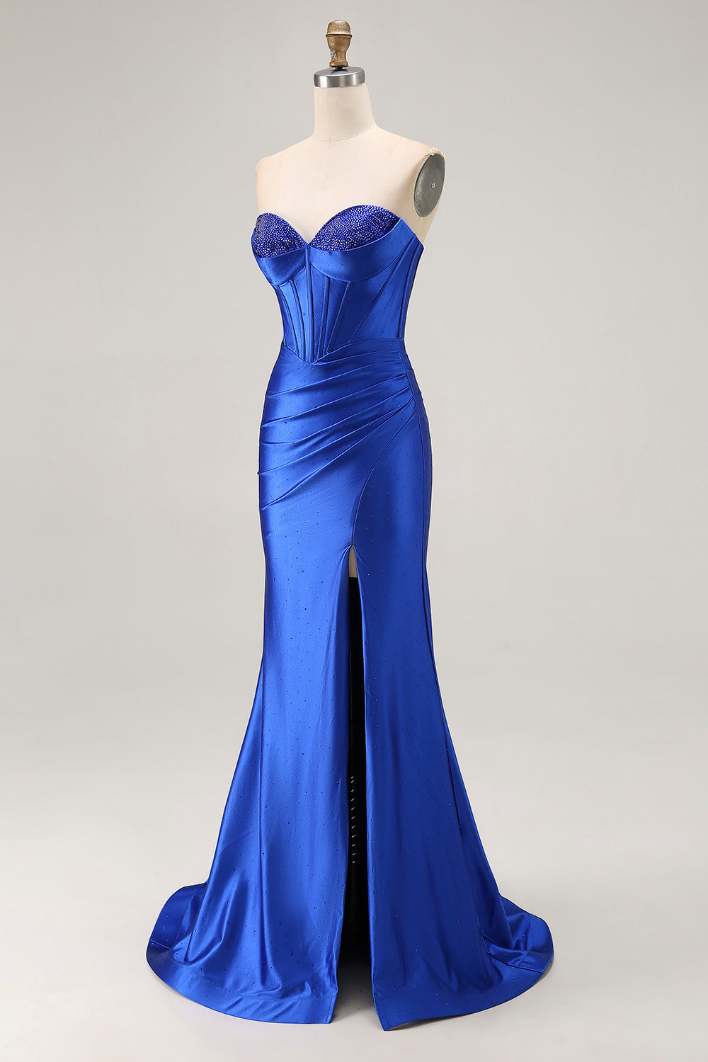 Sparkly Royal Blue Satin Sweetheart Mermaid Long Corset Prom Dress with Slit