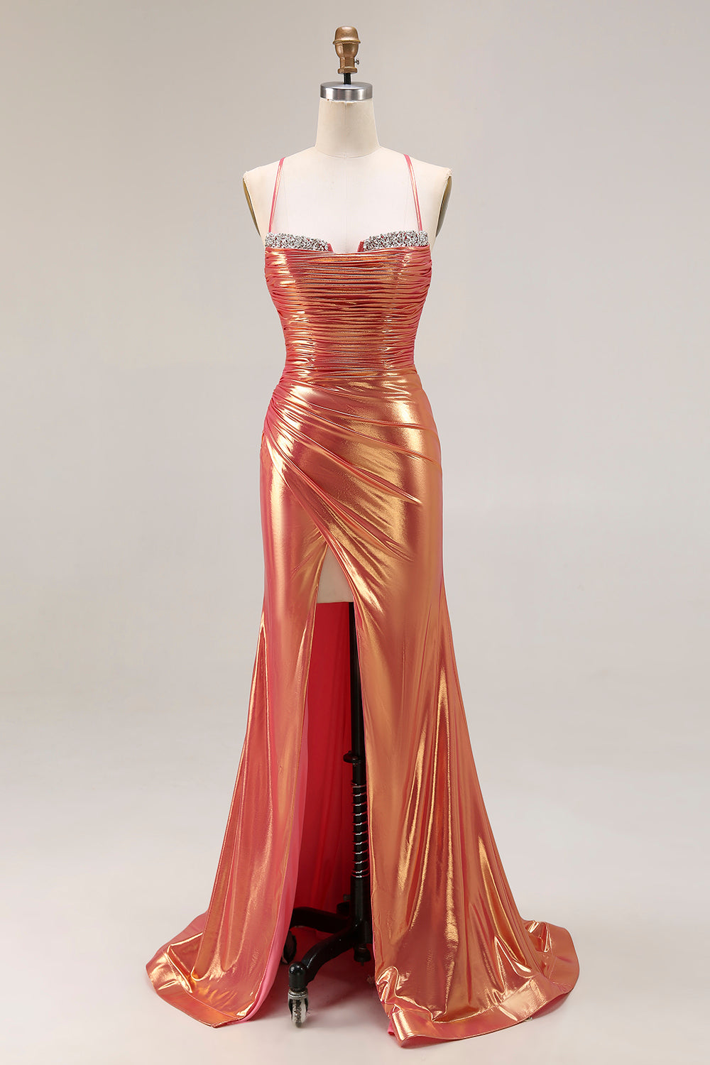 Metallic Orange Mermaid Ruched Spaghetti Straps Long Prom Dress with Slit