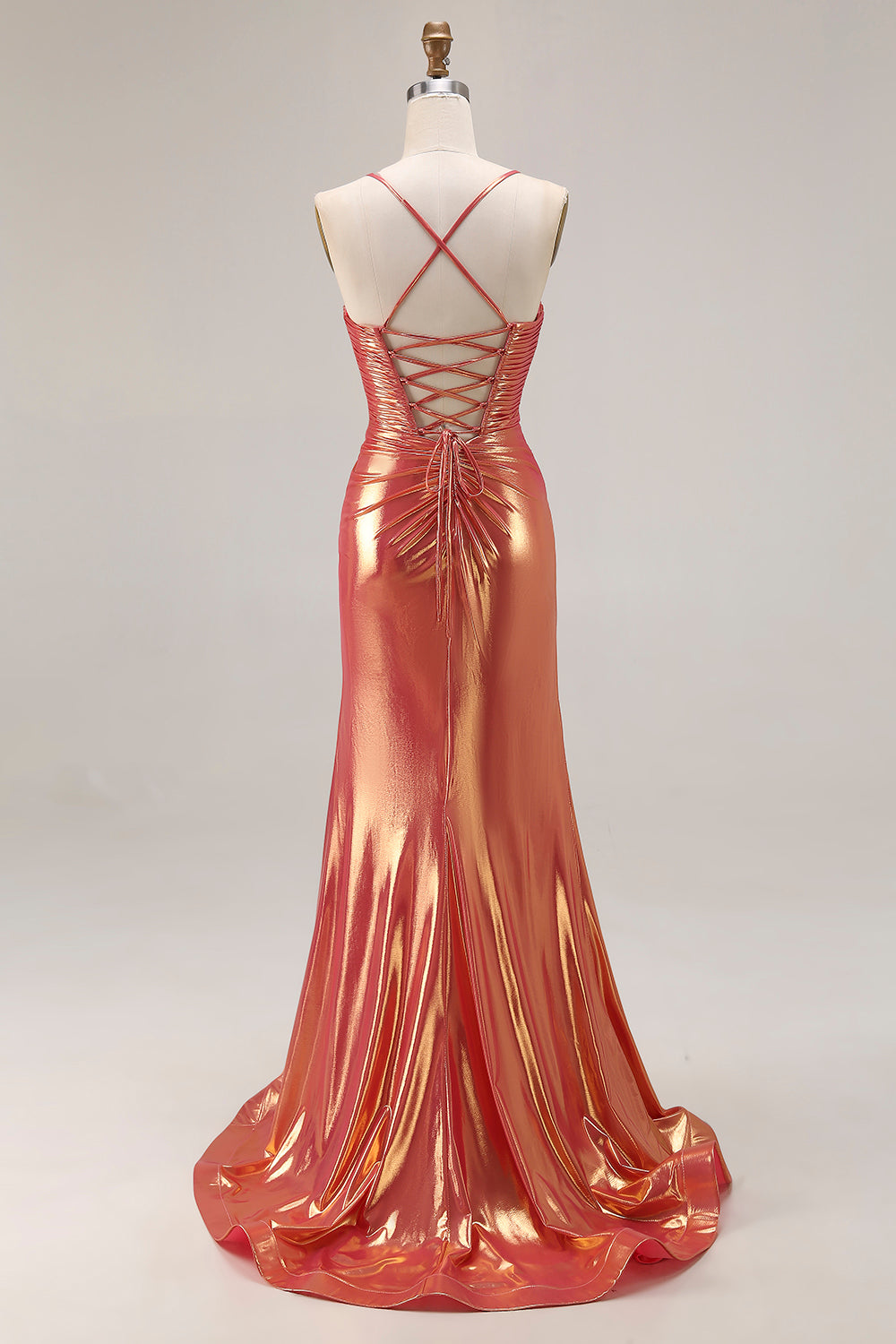 Metallic Orange Mermaid Ruched Spaghetti Straps Long Prom Dress with Slit