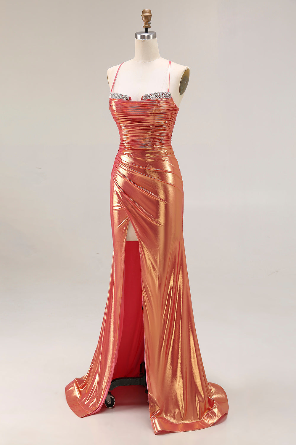 Metallic Orange Mermaid Ruched Spaghetti Straps Long Prom Dress with Slit