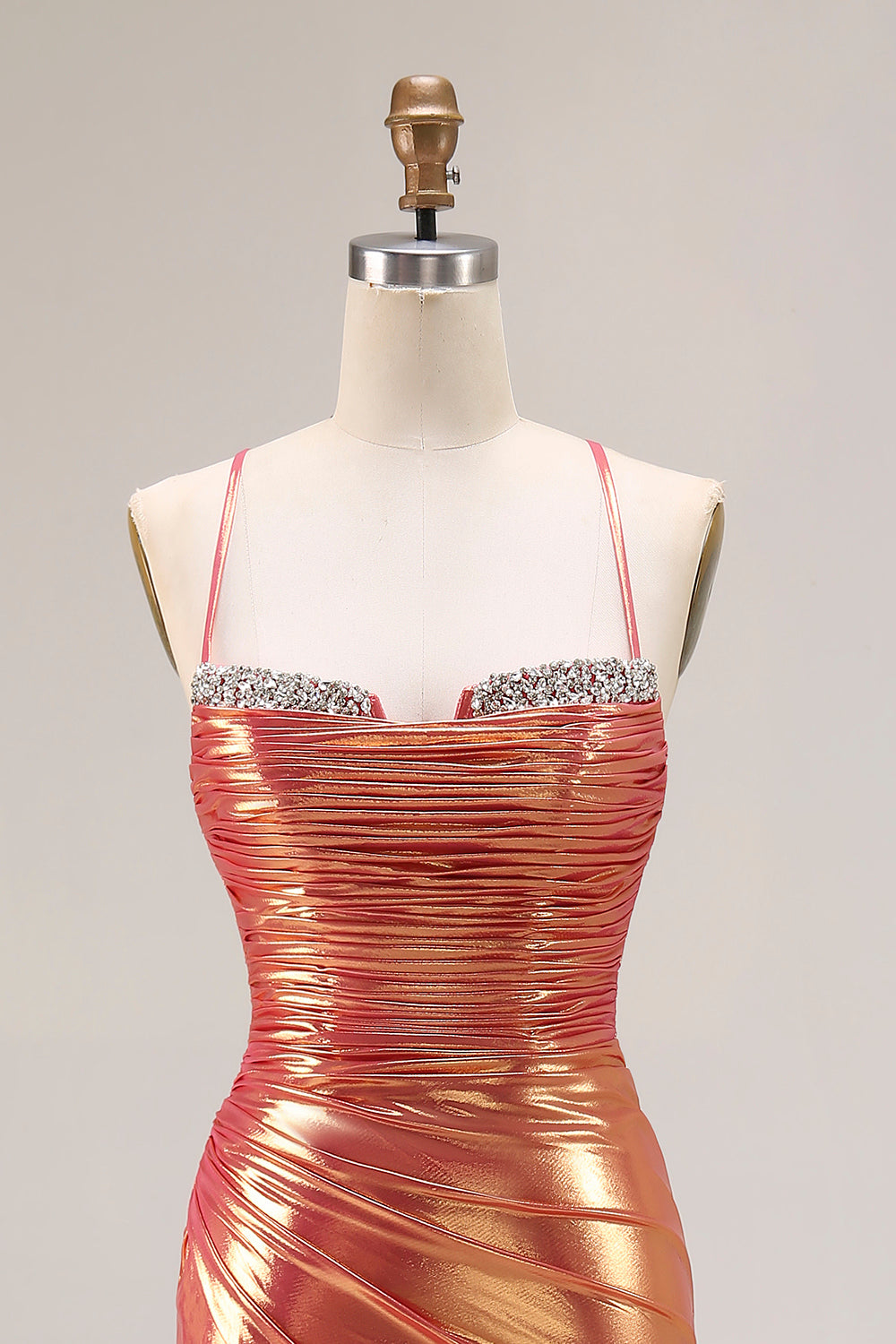 Metallic Orange Mermaid Ruched Spaghetti Straps Long Prom Dress with Slit