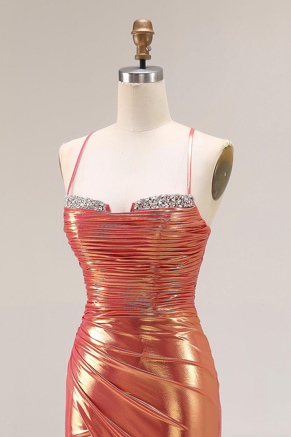 Metallic Orange Mermaid Ruched Spaghetti Straps Long Prom Dress with Slit