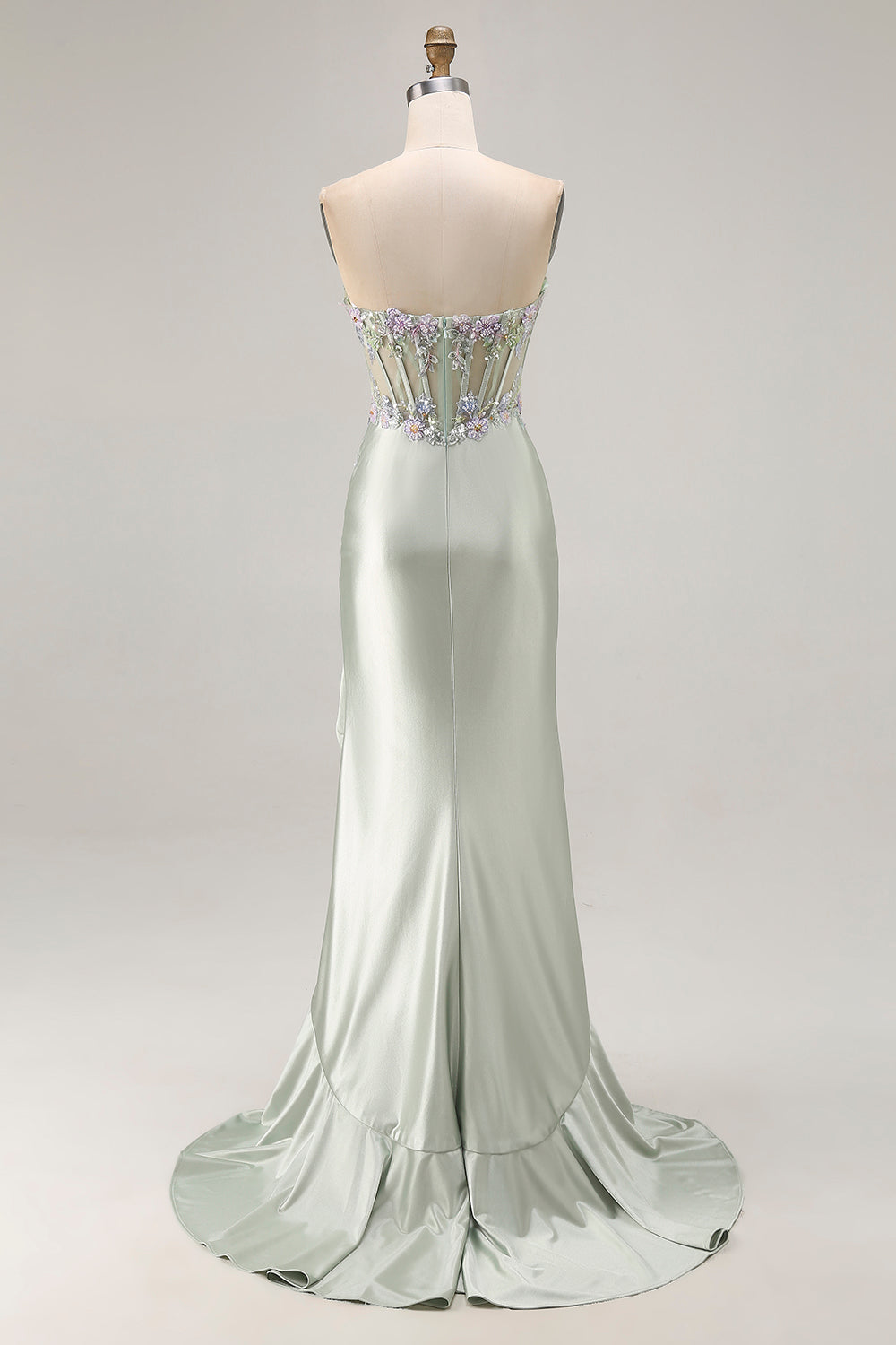 Sparkly Dusty Sage Floral Sweetheart Long Corset Prom Dress