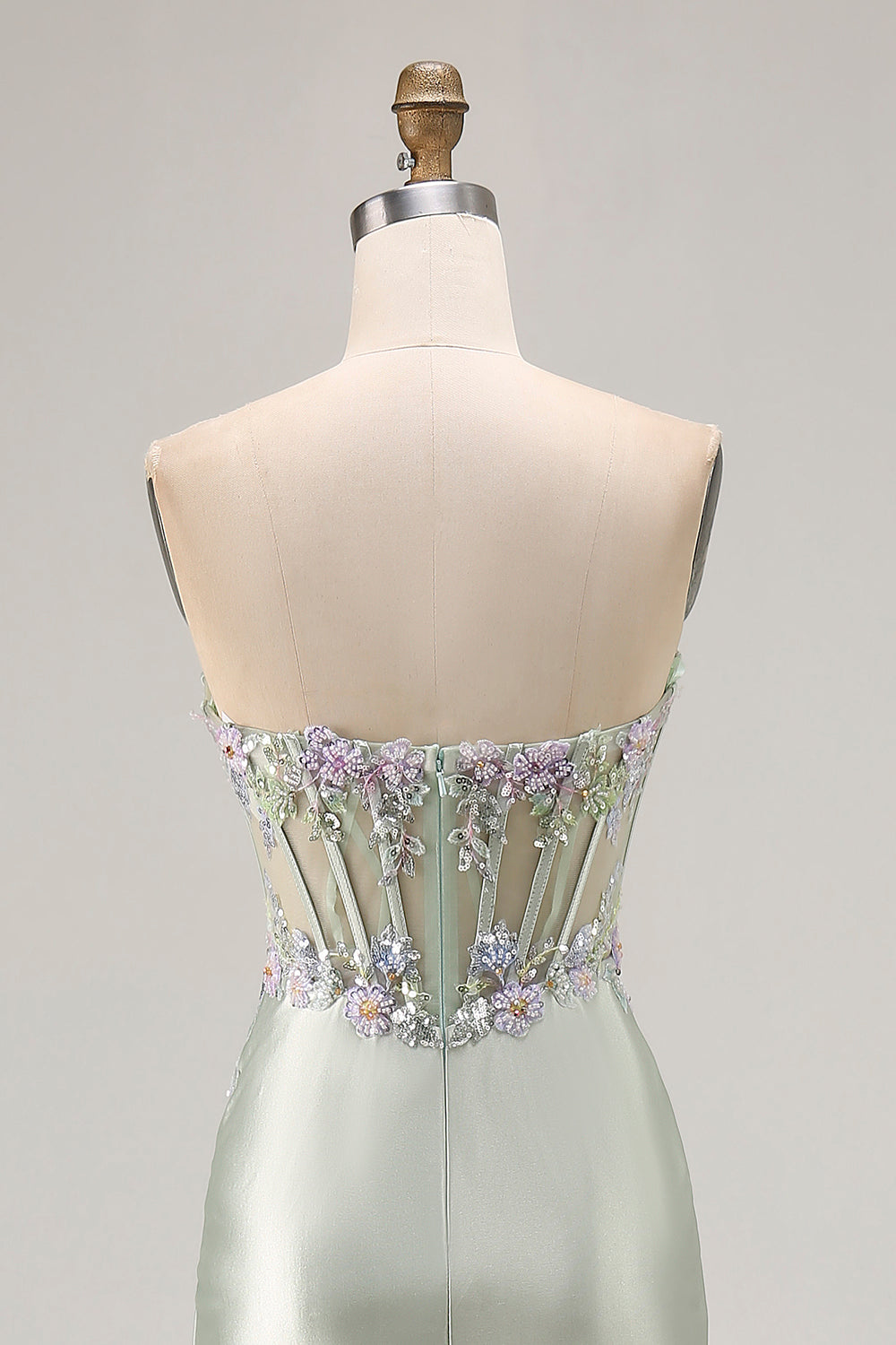 Sparkly Dusty Sage Floral Sweetheart Long Corset Prom Dress