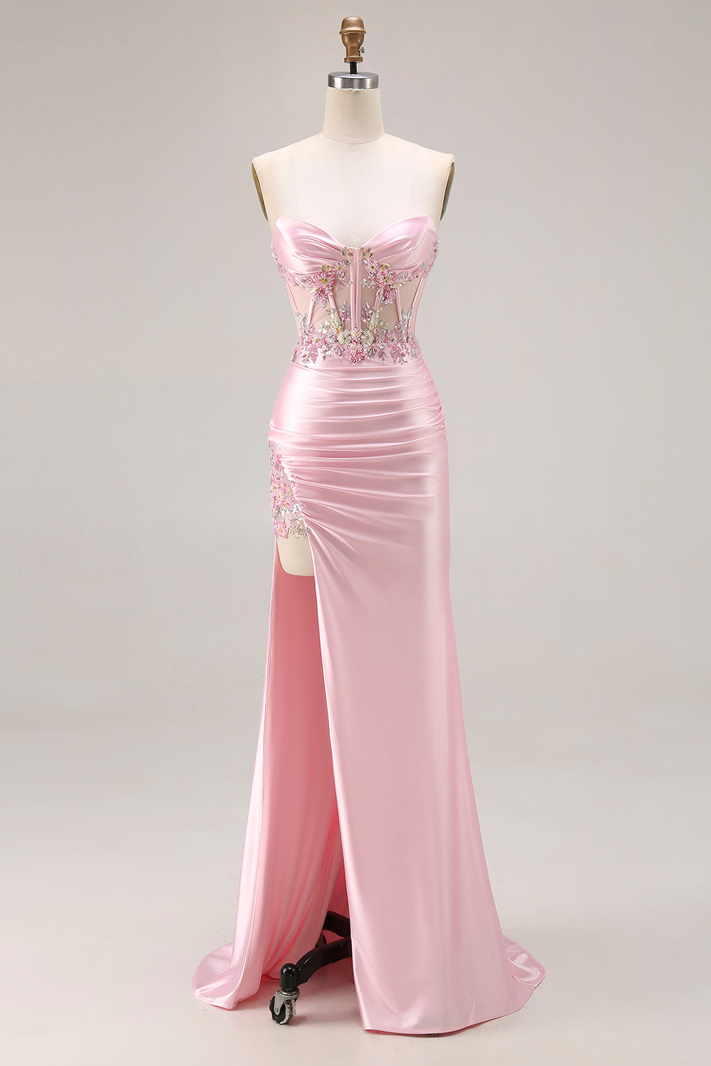 Floral Pink Mermaid Satin Strapless Long Corset Prom Dress with Slit