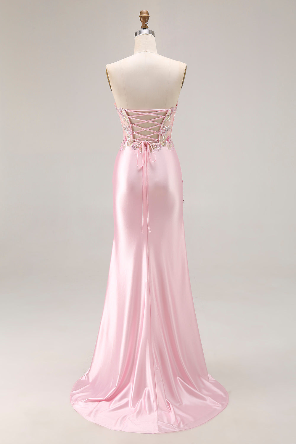 Floral Pink Mermaid Satin Strapless Long Corset Prom Dress with Slit