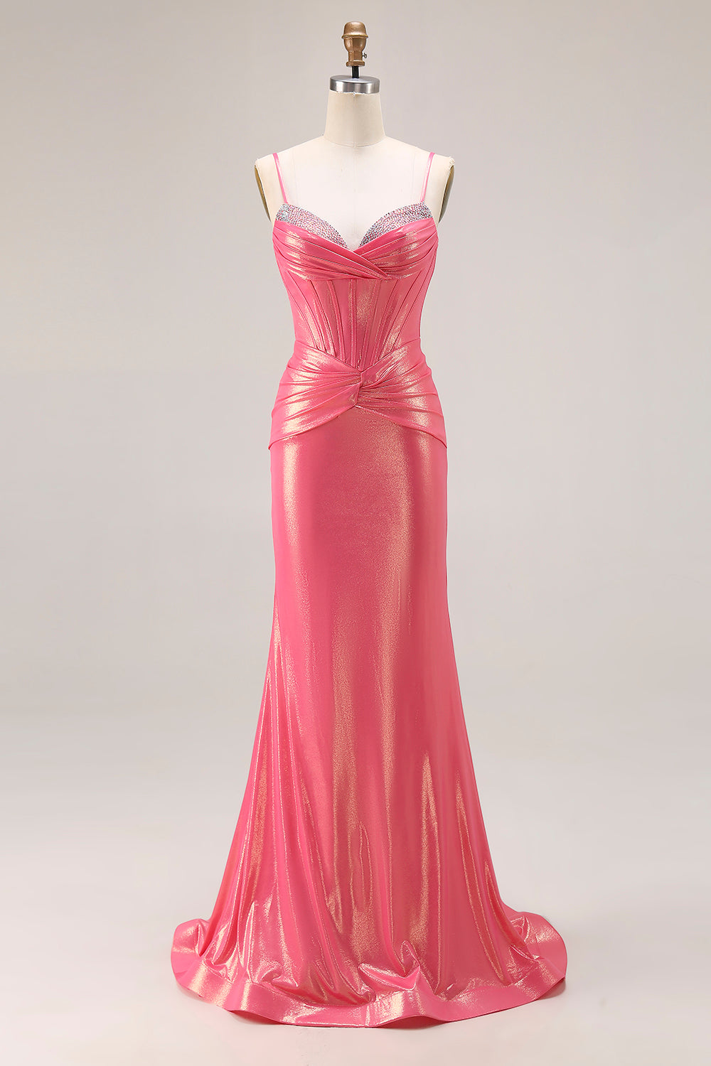 Metallic Watermelon Mermaid Ruched Long Corset Prom Dress with Beading