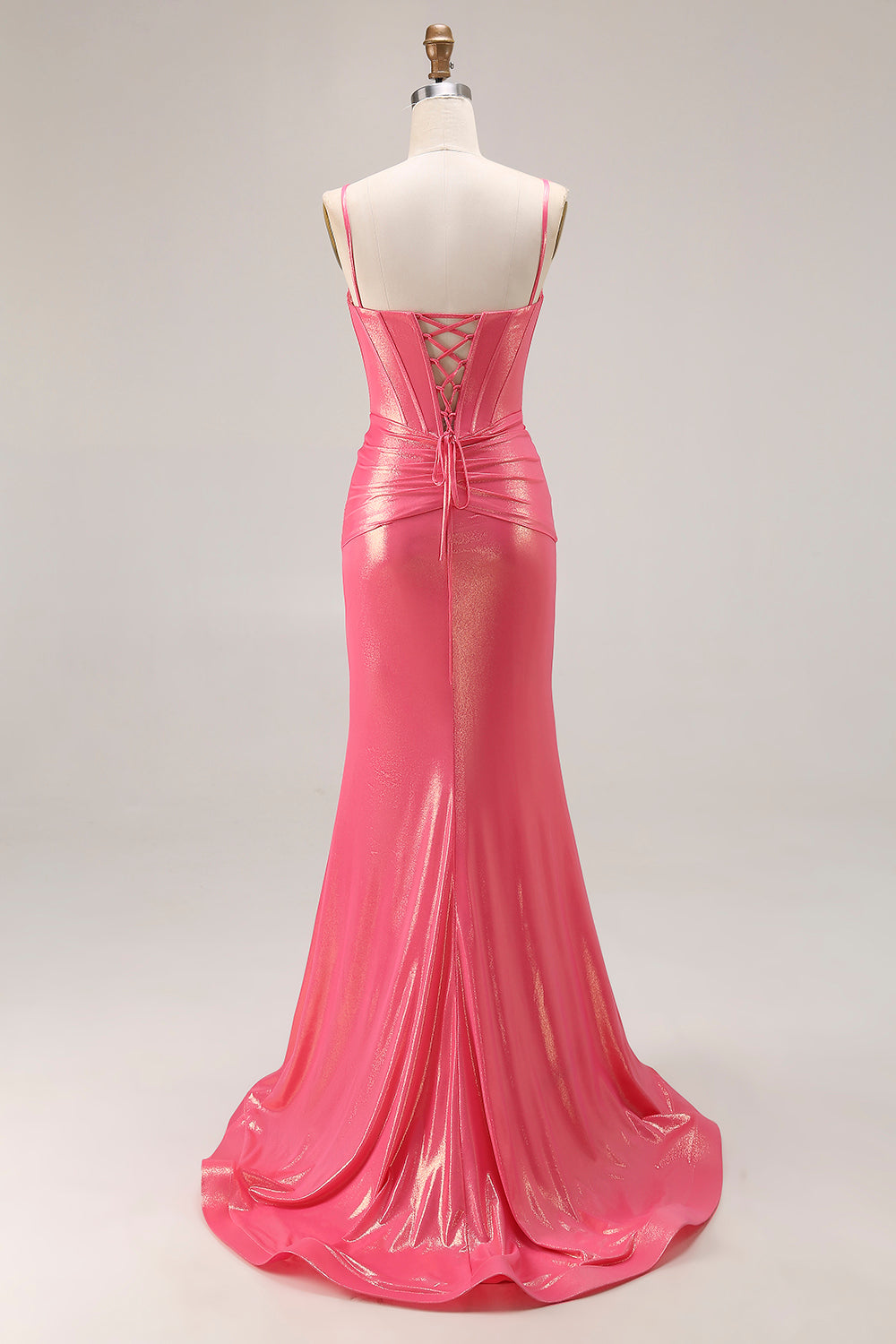 Metallic Watermelon Mermaid Ruched Long Corset Prom Dress with Beading