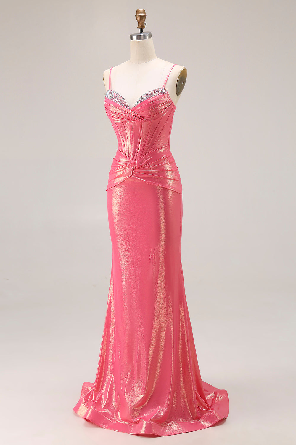 Metallic Watermelon Mermaid Ruched Long Corset Prom Dress with Beading