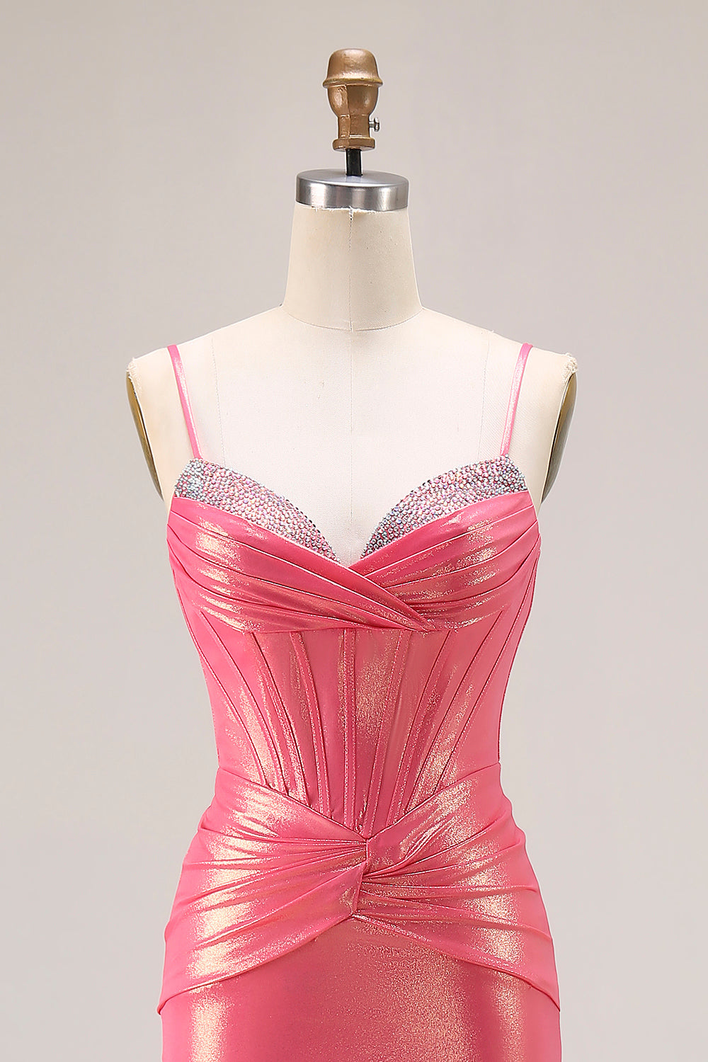 Metallic Watermelon Mermaid Ruched Long Corset Prom Dress with Beading