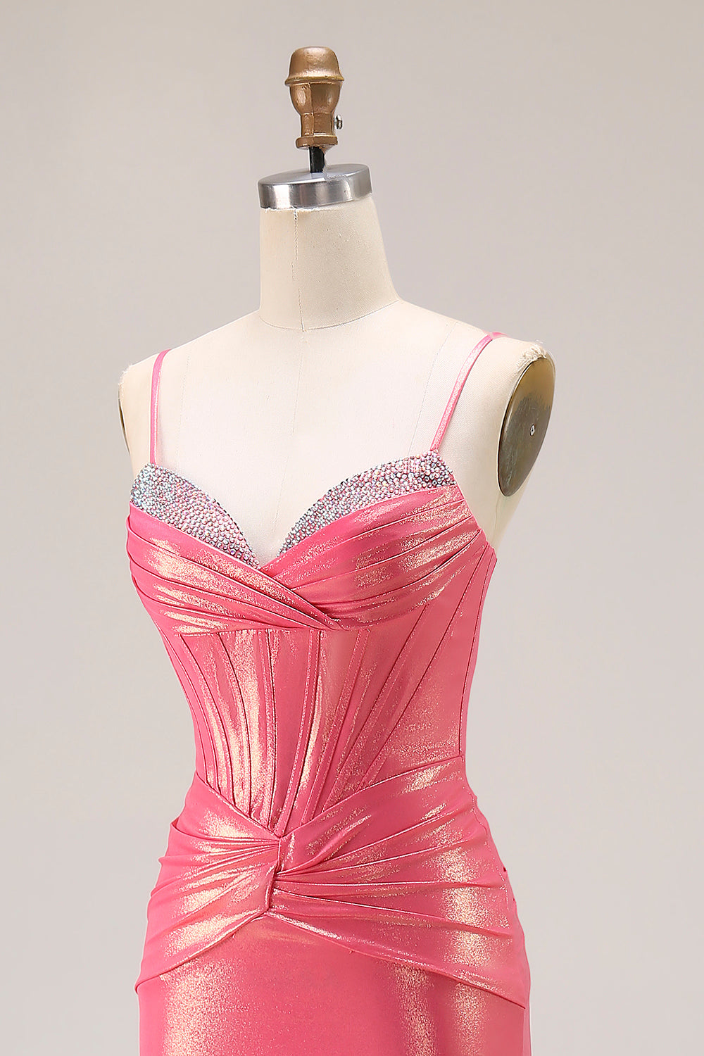 Metallic Watermelon Mermaid Ruched Long Corset Prom Dress with Beading
