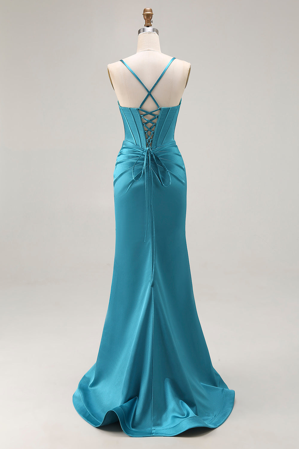 Peacock Blue Satin Mermaid Long Corset Prom Dress with Slit