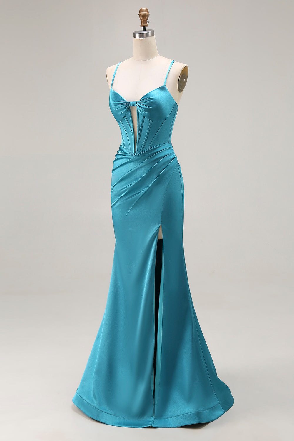 Peacock Blue Satin Mermaid Long Corset Prom Dress with Slit