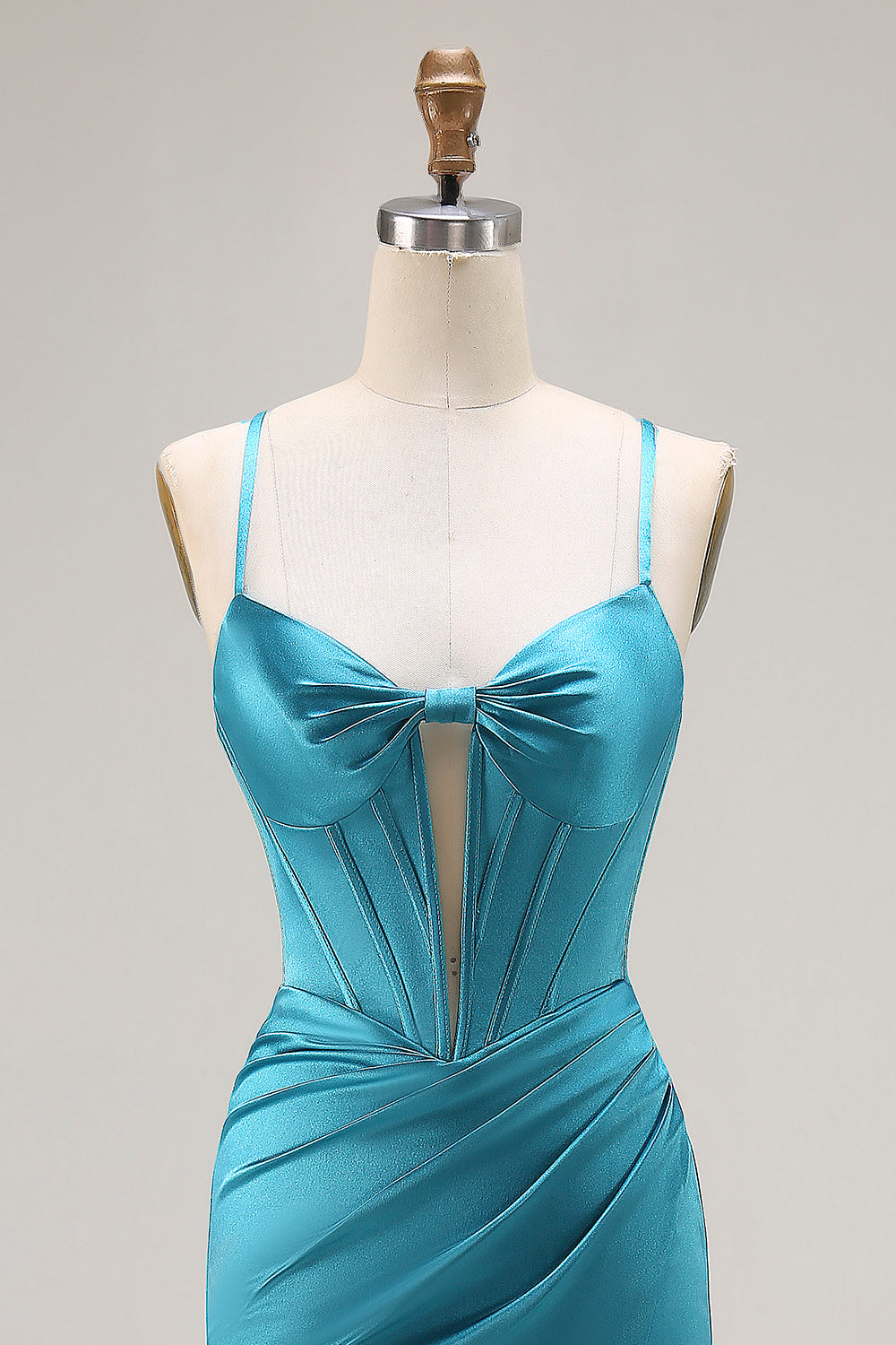 Peacock Blue Satin Mermaid Long Corset Prom Dress with Slit
