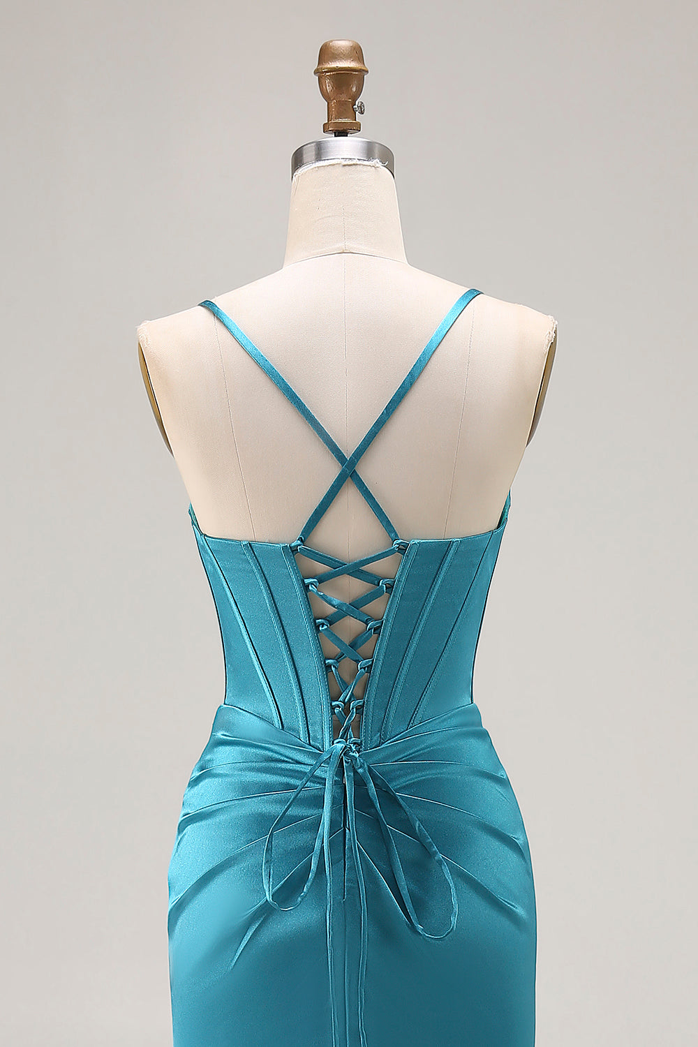 Peacock Blue Satin Mermaid Long Corset Prom Dress with Slit