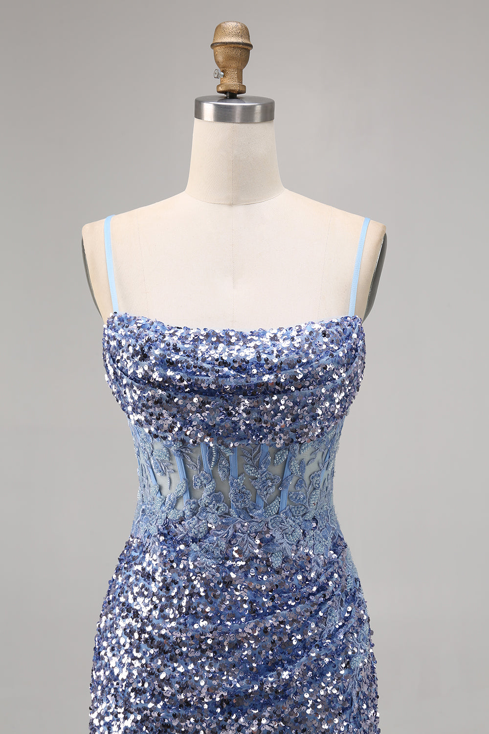 Sparkly Grey Blue Bodycon Sequins Short Corset Homecoming Dress with Slit