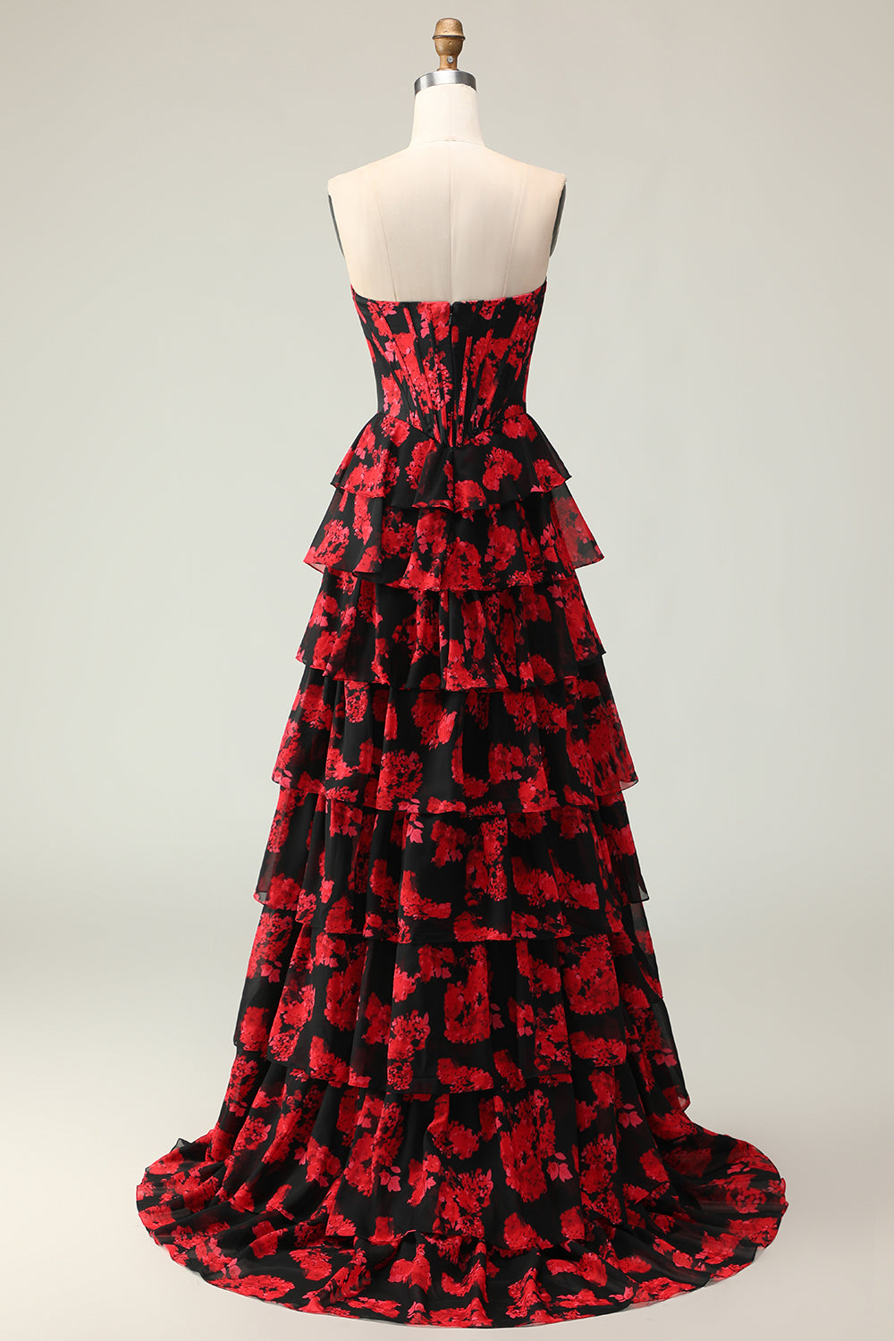 Black and Red Floral Ruffled Strapless Corset Maxi Prom Dress with Slit