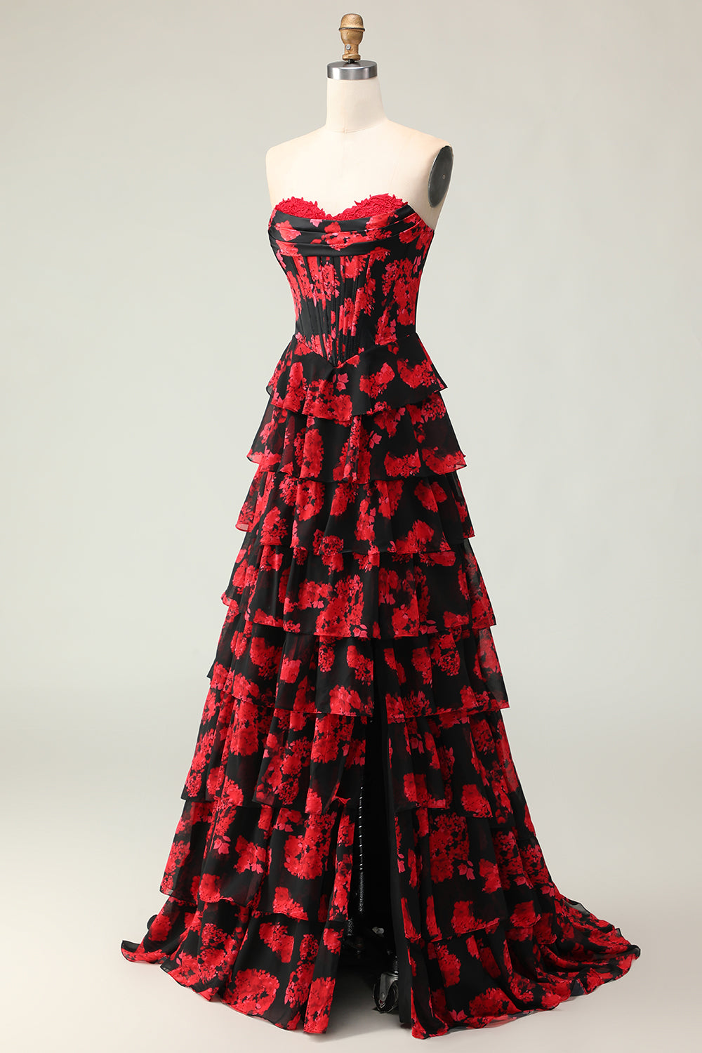 Black and Red Floral Ruffled Strapless Corset Maxi Prom Dress with Slit