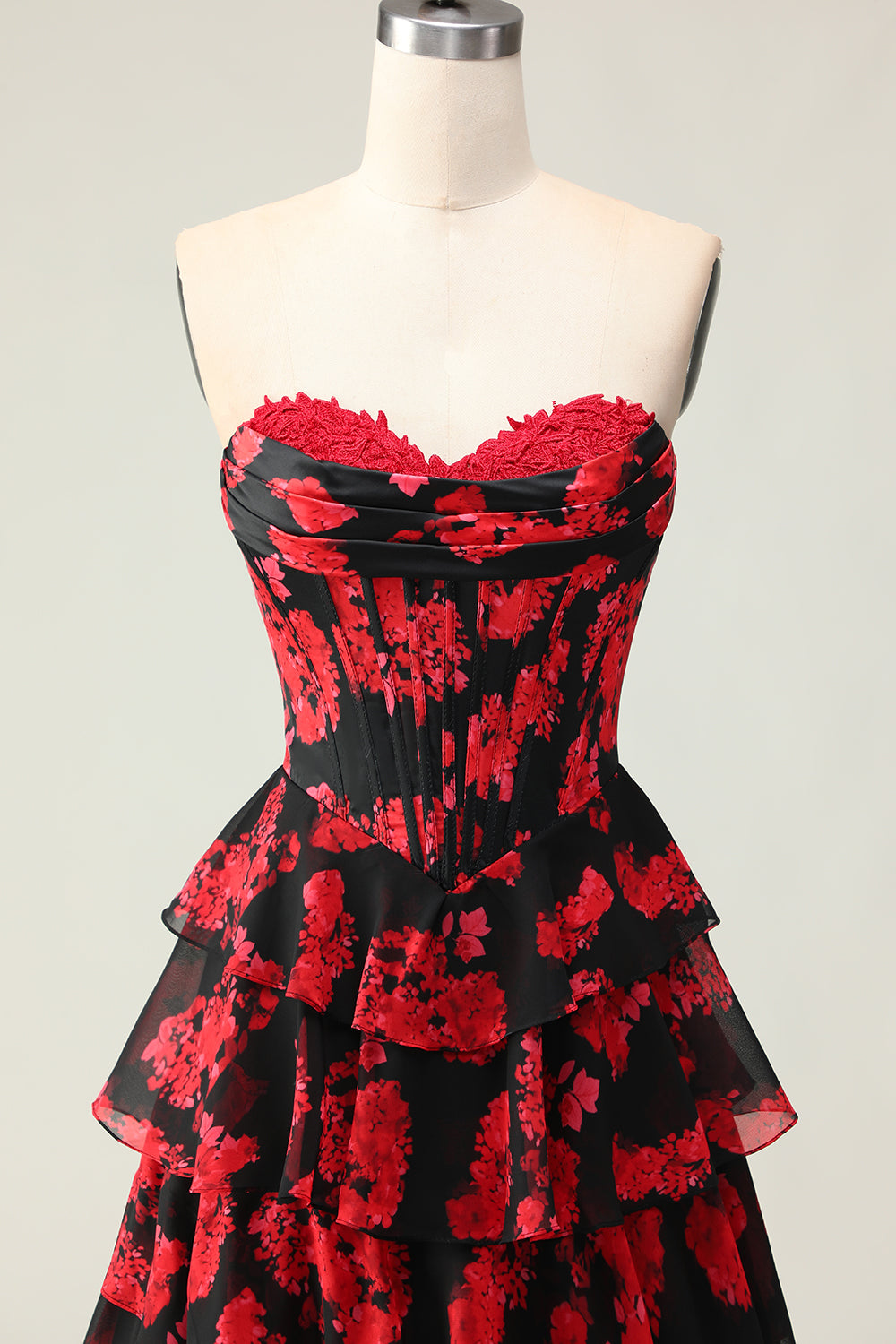 Black and Red Floral Ruffled Strapless Corset Maxi Prom Dress with Slit