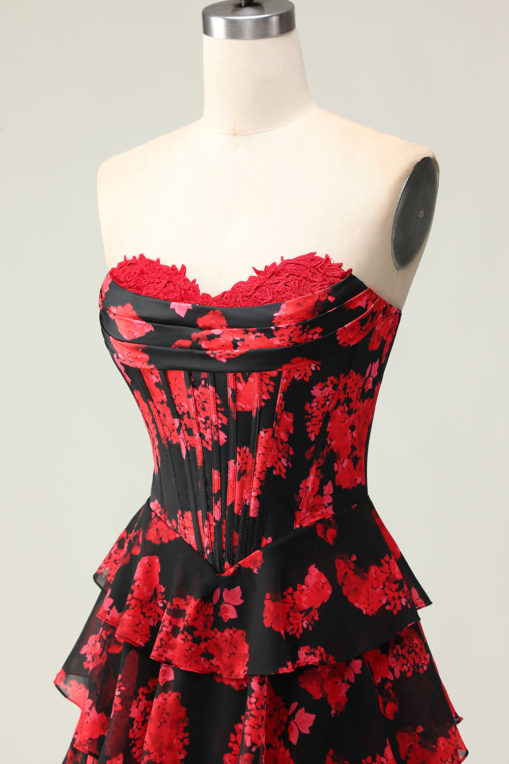 Black and Red Floral Ruffled Strapless Corset Maxi Prom Dress with Slit