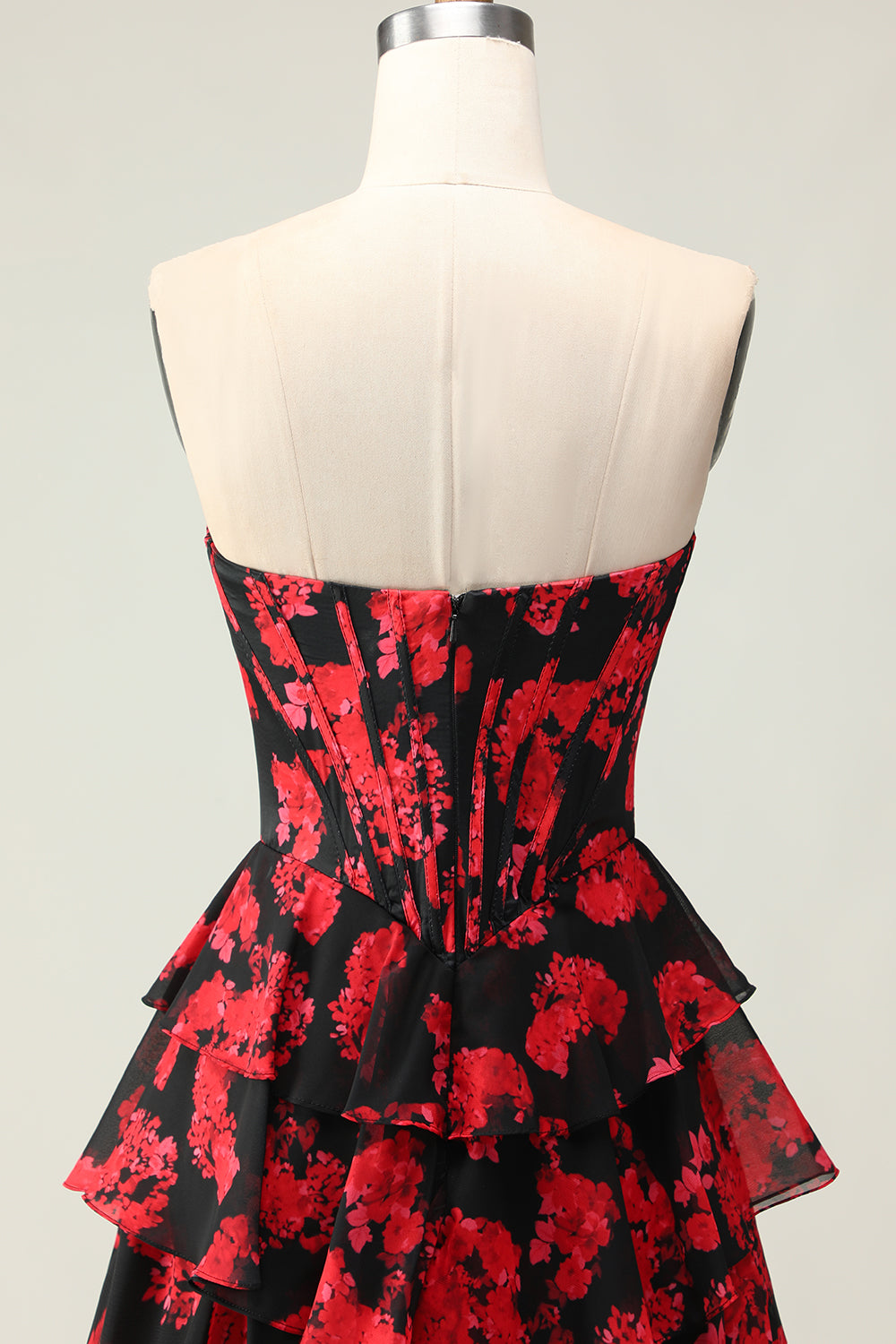 Black and Red Floral Ruffled Strapless Corset Maxi Prom Dress with Slit