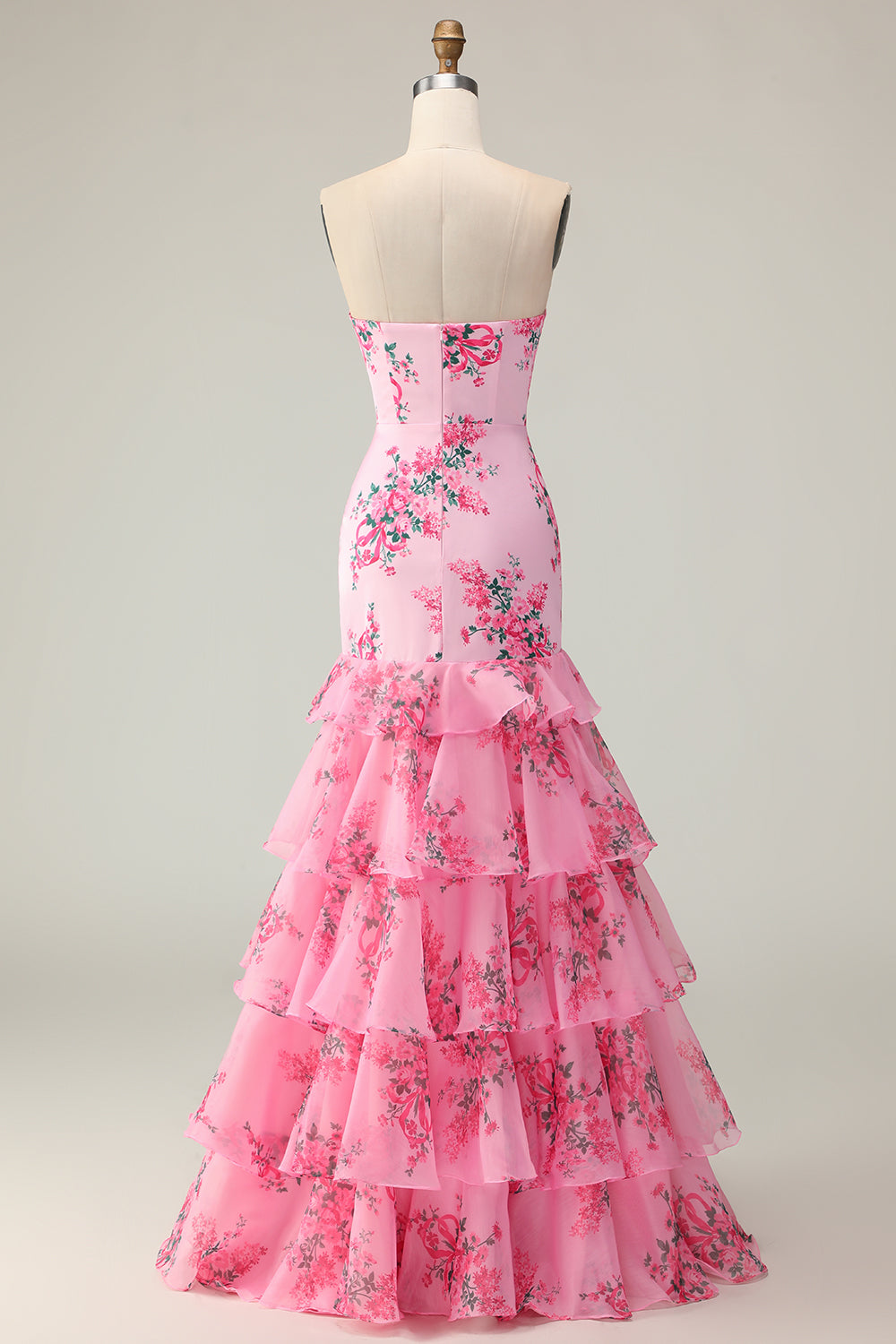 Pink Floral Strapless Mermaid Long Prom Dress with Ruffles