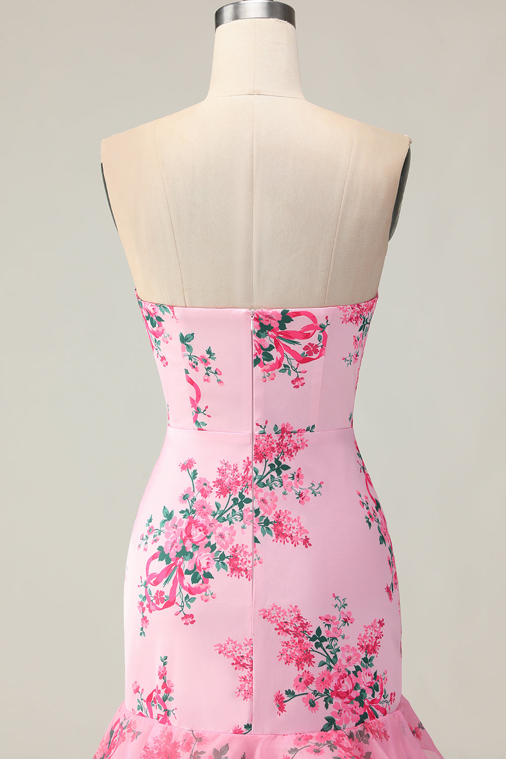 Pink Floral Strapless Mermaid Long Prom Dress with Ruffles