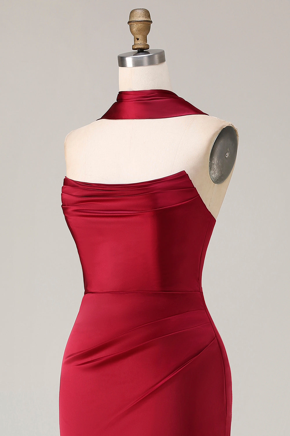 Burgundy Neck Scarf Mermaid Ruched Long Satin Prom Dress