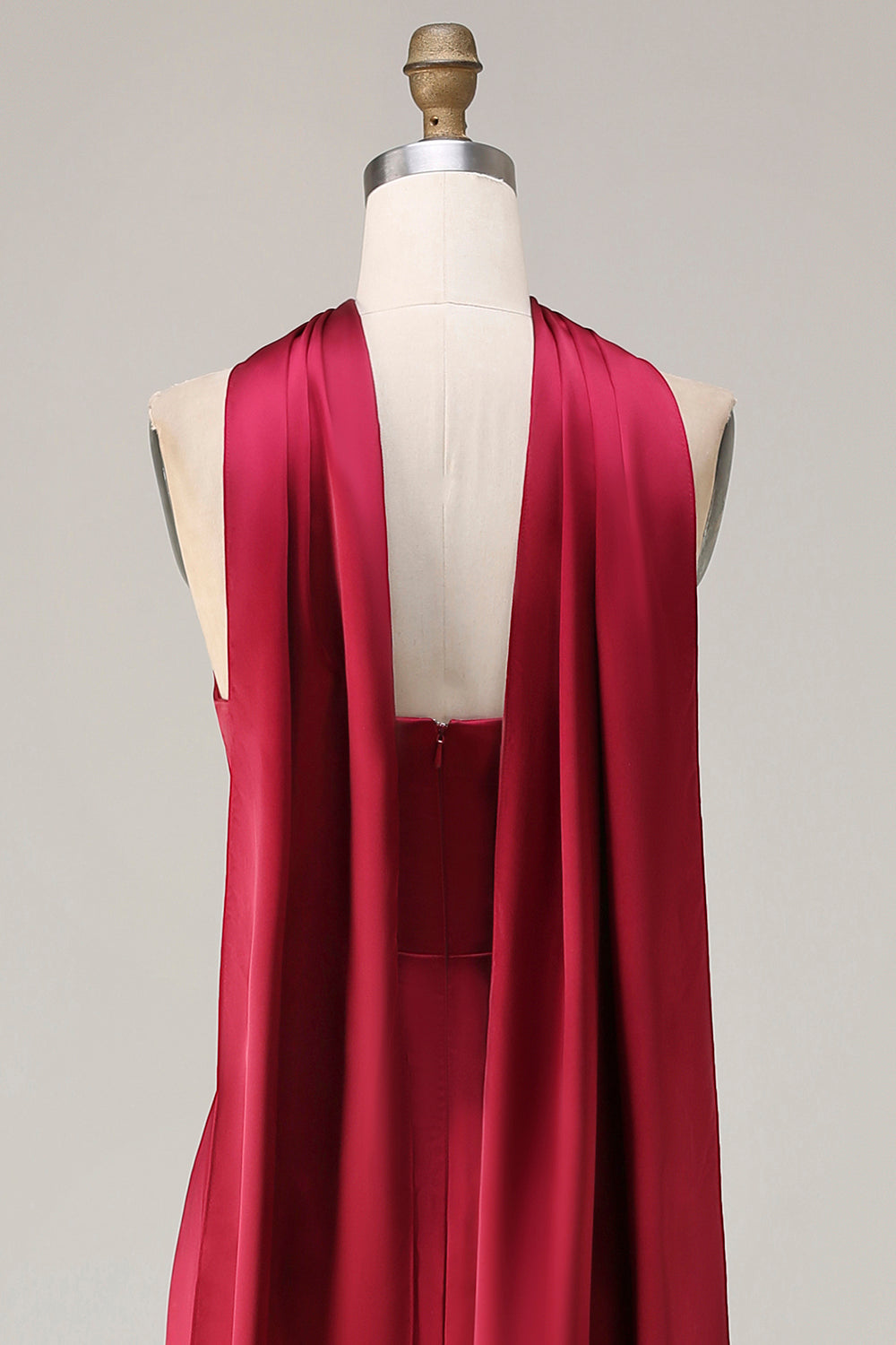 Burgundy Neck Scarf Mermaid Ruched Long Satin Prom Dress