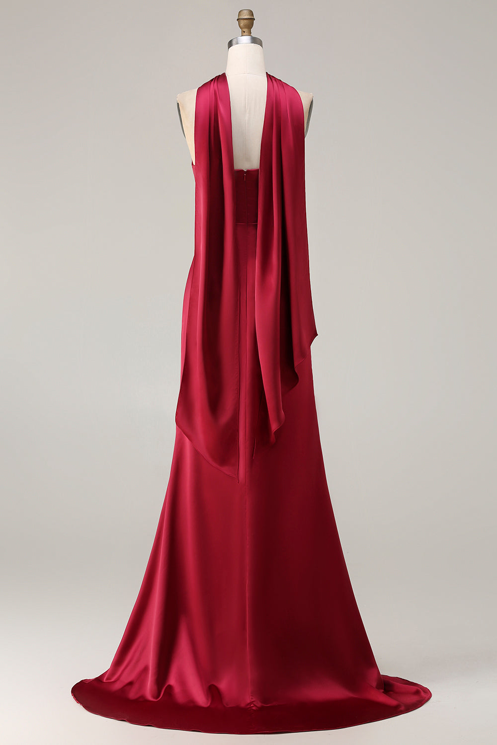 Burgundy Neck Scarf Mermaid Ruched Long Satin Prom Dress