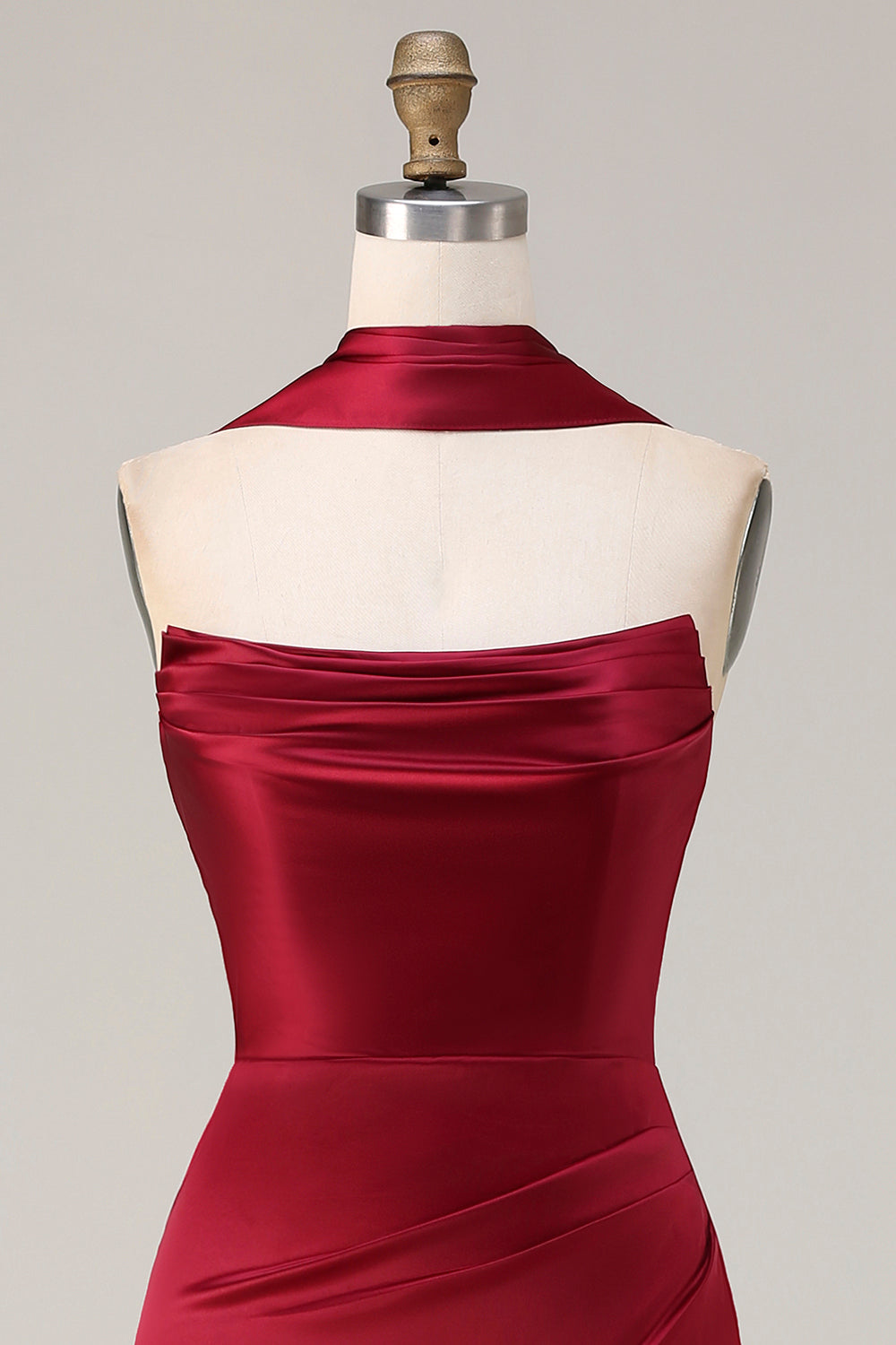 Burgundy Neck Scarf Mermaid Ruched Long Satin Prom Dress