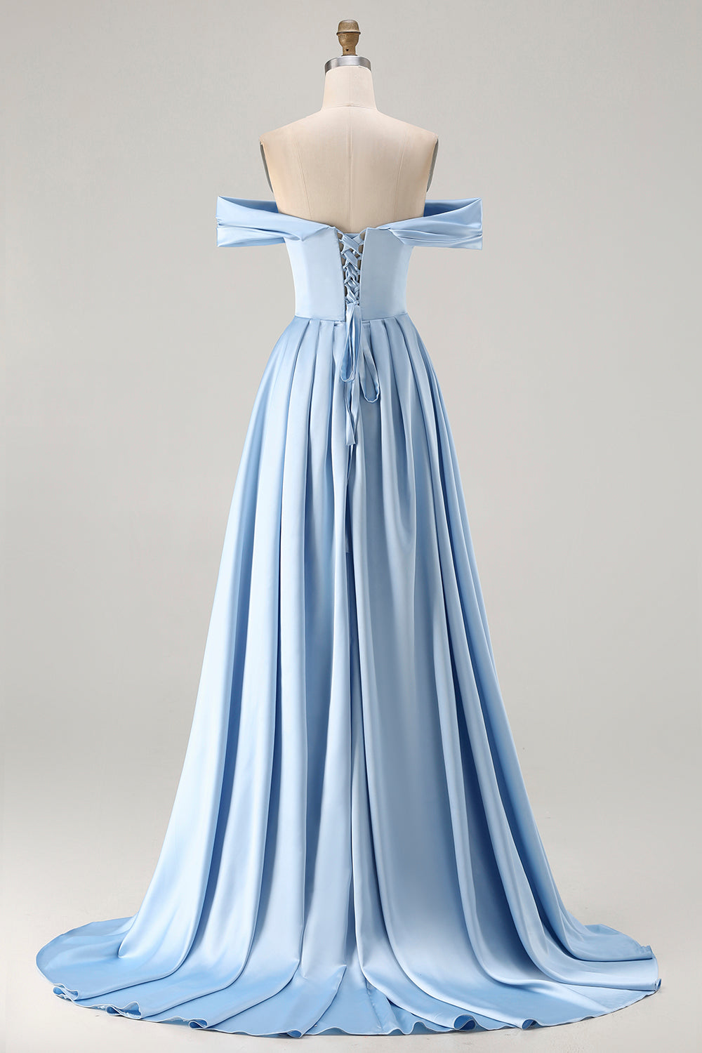Blue Satin Off the Shoulder A Line Long Bridesmaid Dress with Slit