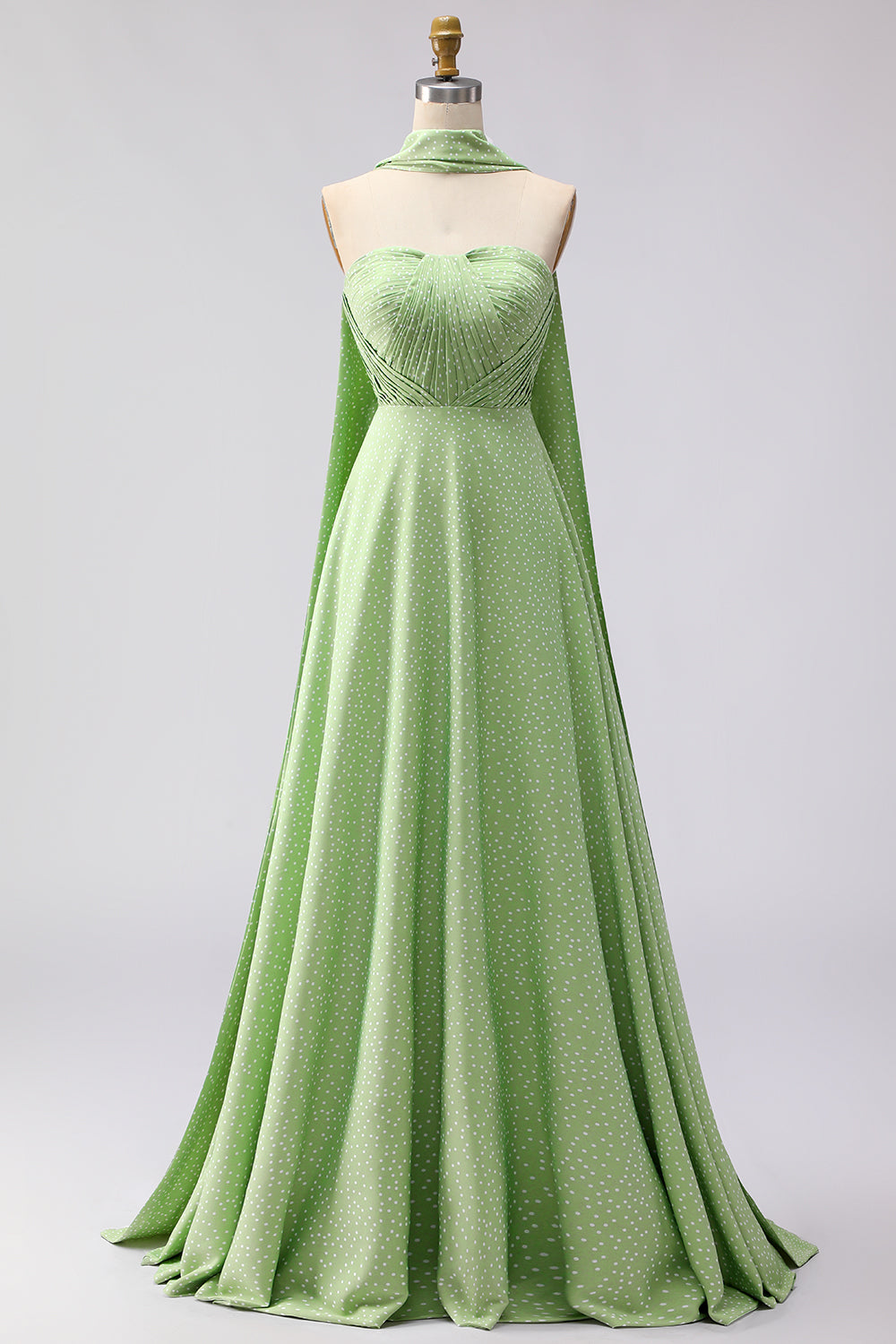 Green A Line Polka Dots Neck Scarf Long Prom Dress
